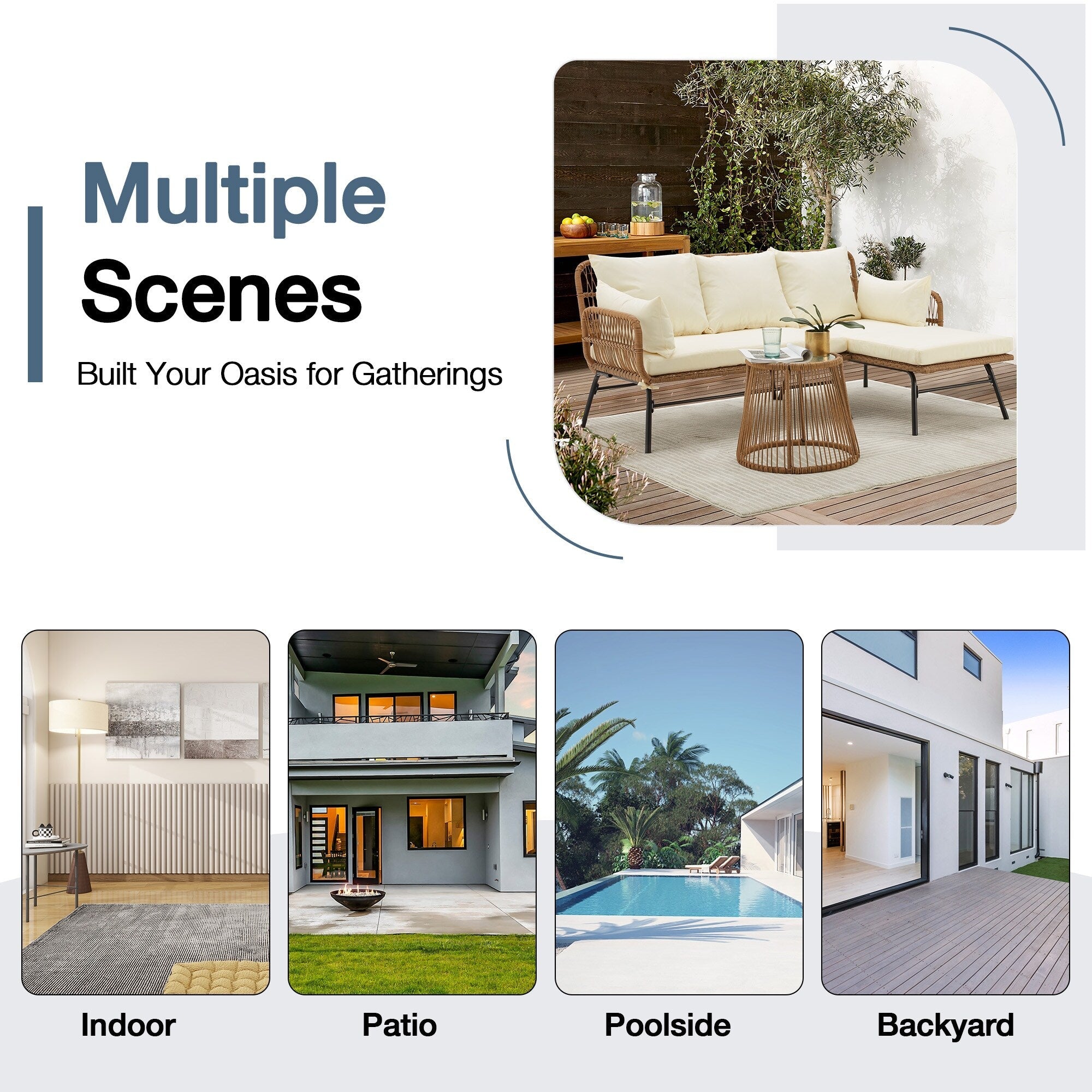 Ensemble de canapés de conversation sectionnels en osier, ensemble de meubles de patio 3 pièces avec coussins épais et table basse en verre trempé