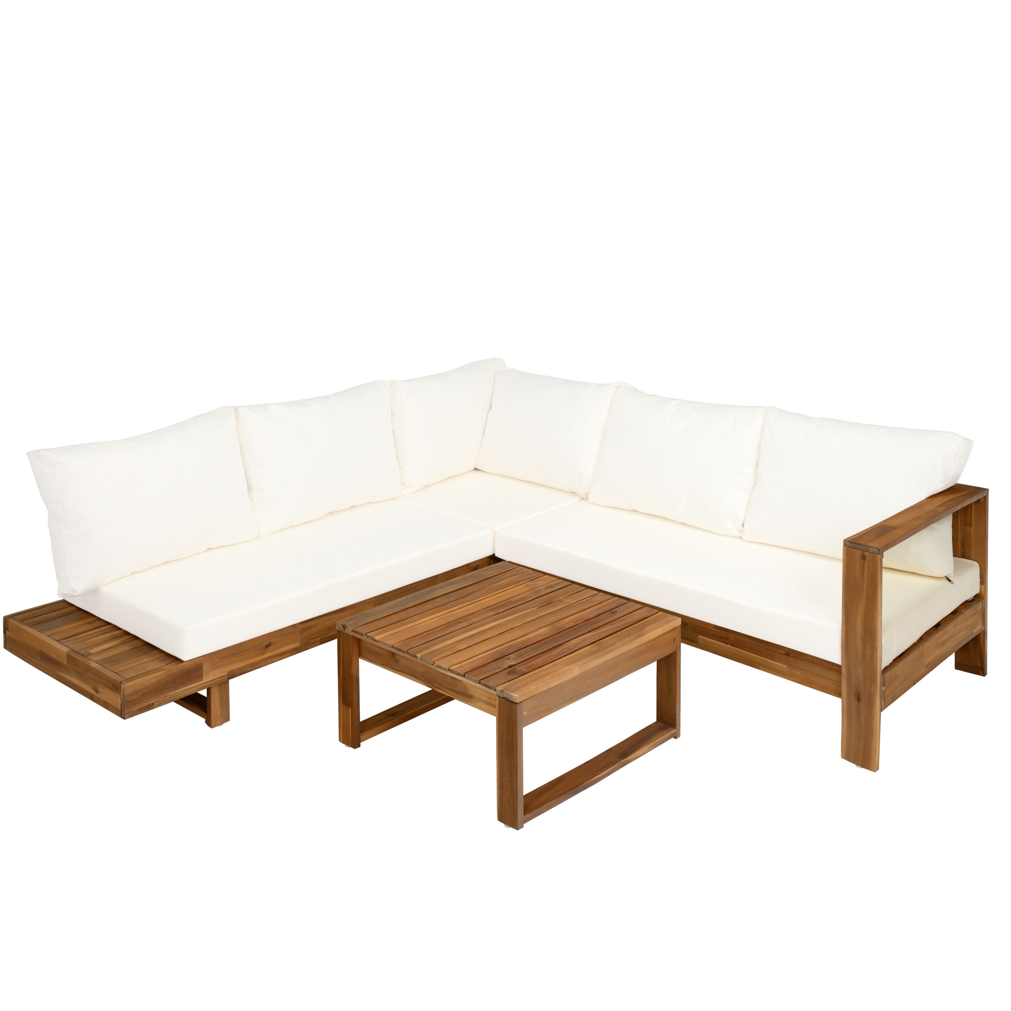 Ensemble de canapés sectionnels en L, ensemble de canapés de patio avec table, chaise longue en bois, ensemble de conversation d'extérieur 4 pièces
