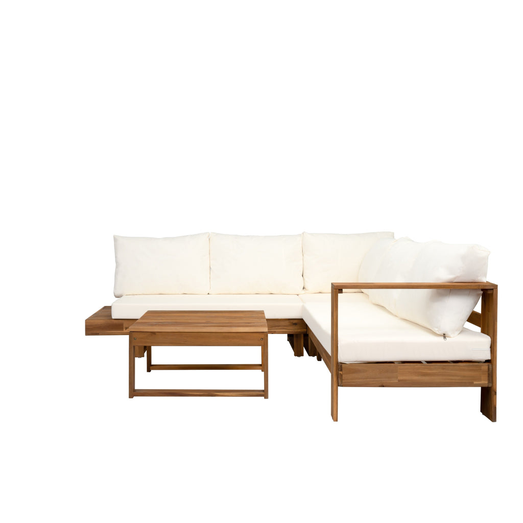 Ensemble de canapés sectionnels en L, ensemble de canapés de patio avec table, chaise longue en bois, ensemble de conversation d'extérieur 4 pièces