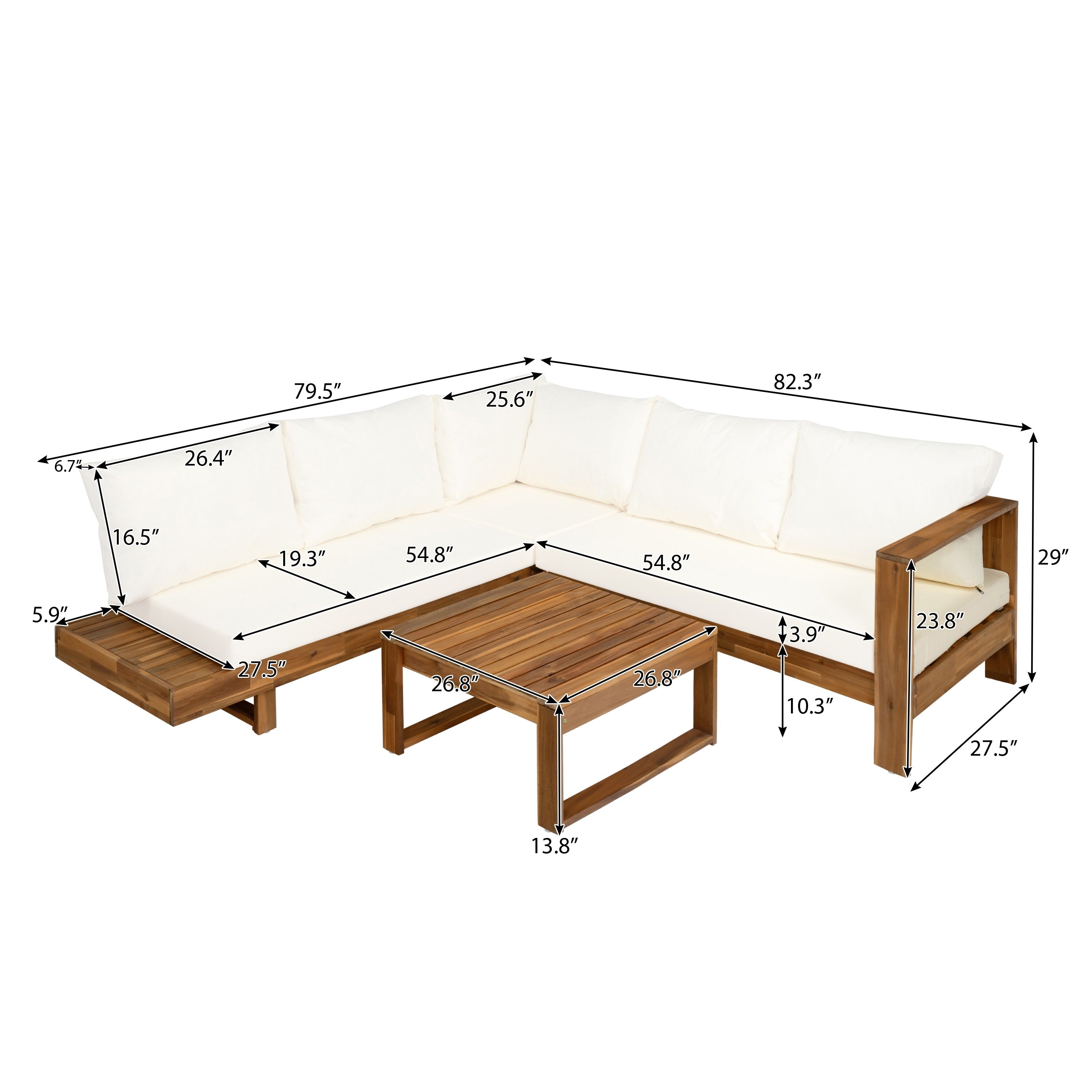 Ensemble de canapés sectionnels en L, ensemble de canapés de patio avec table, chaise longue en bois, ensemble de conversation d'extérieur 4 pièces