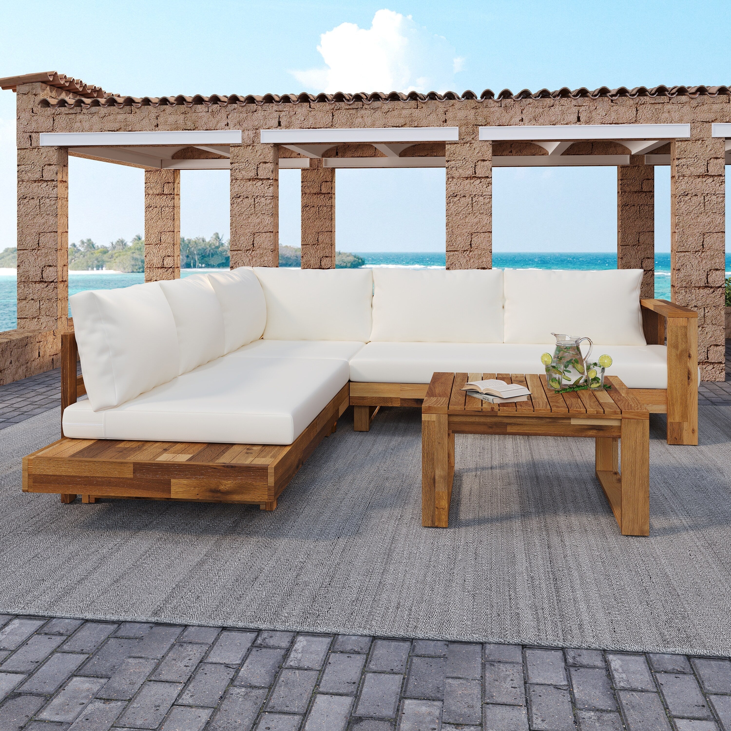 Ensemble de canapés sectionnels en L, ensemble de canapés de patio avec table, chaise longue en bois, ensemble de conversation d'extérieur 4 pièces