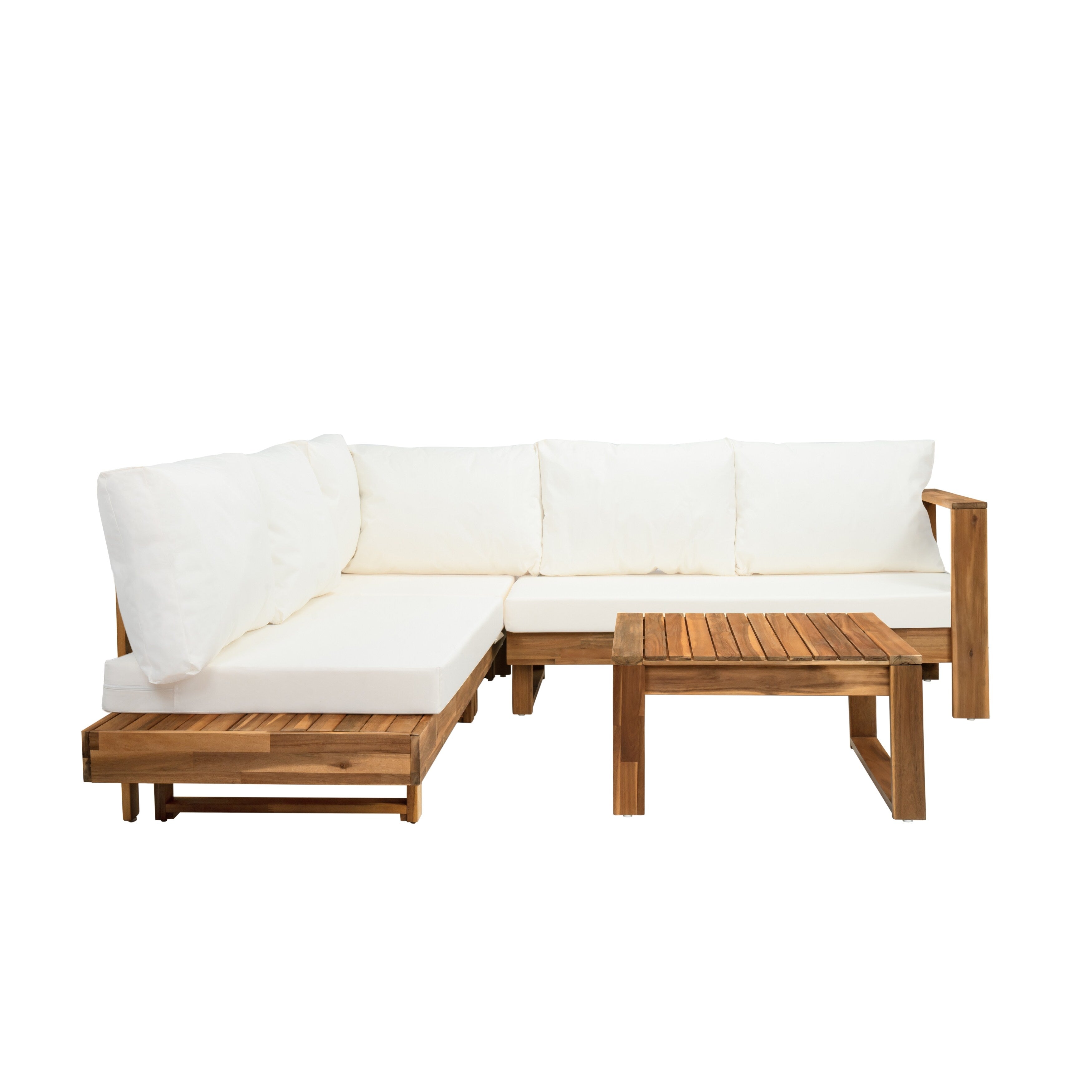 Ensemble de canapés sectionnels en L, ensemble de canapés de patio avec table, chaise longue en bois, ensemble de conversation d'extérieur 4 pièces