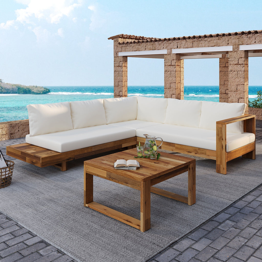 Ensemble de canapés sectionnels en L, ensemble de canapés de patio avec table, chaise longue en bois, ensemble de conversation d'extérieur 4 pièces