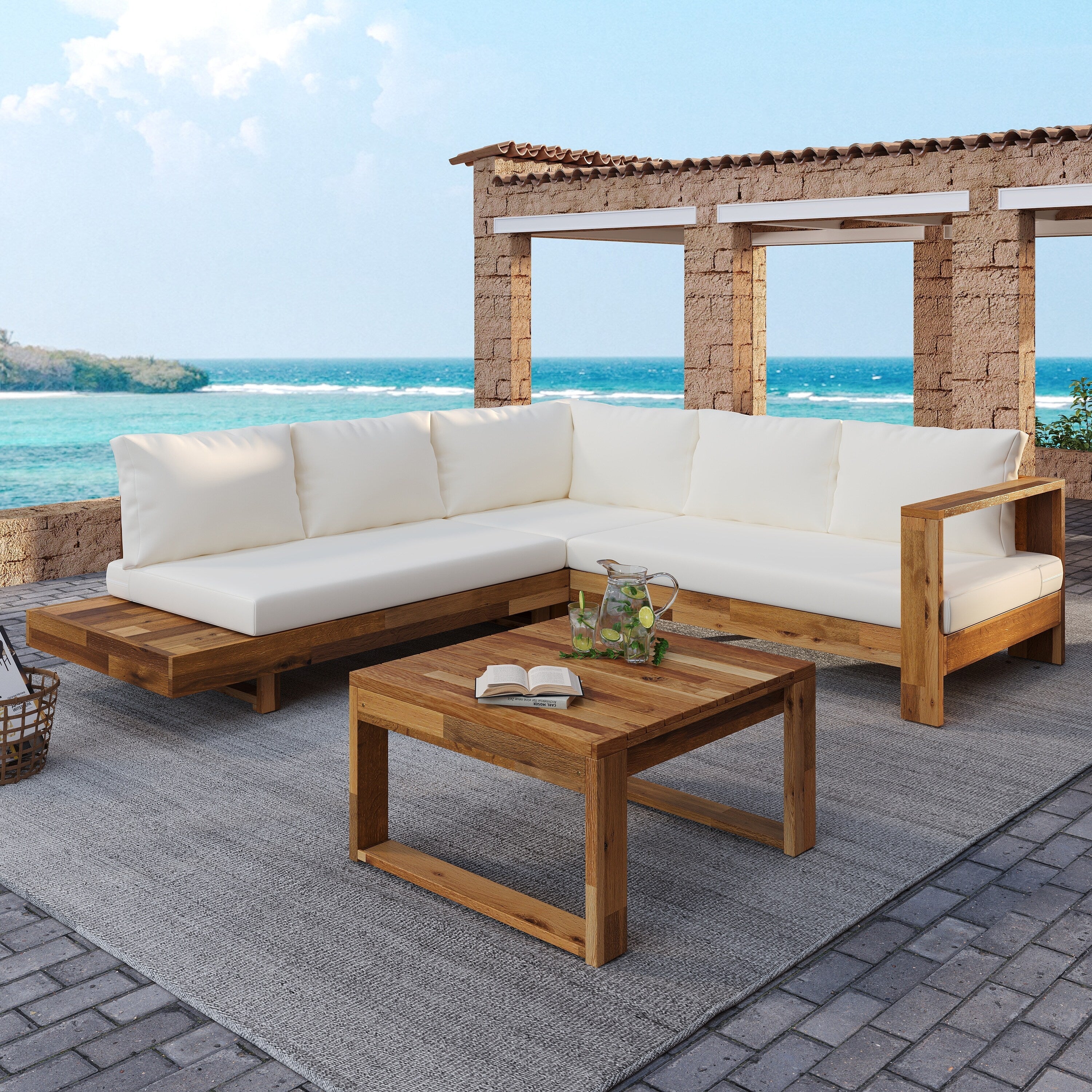 Ensemble de canapés sectionnels en L, ensemble de canapés de patio avec table, chaise longue en bois, ensemble de conversation d'extérieur 4 pièces