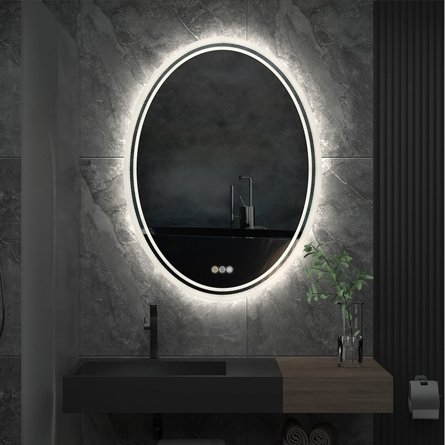 Miroir de salle de bain mural antibuée ovale tactile rétroéclairé par LED