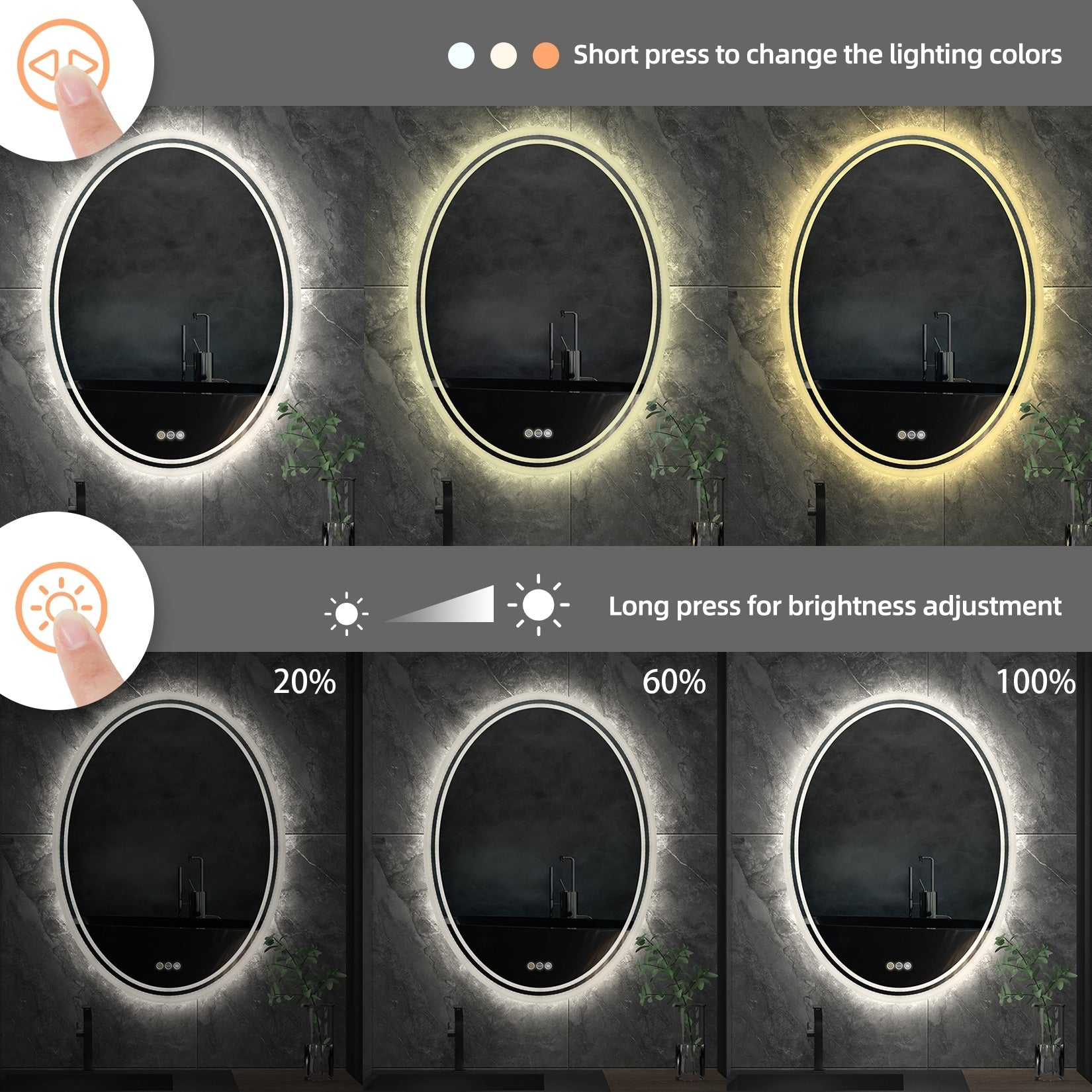 Miroir de salle de bain mural antibuée ovale tactile rétroéclairé par LED