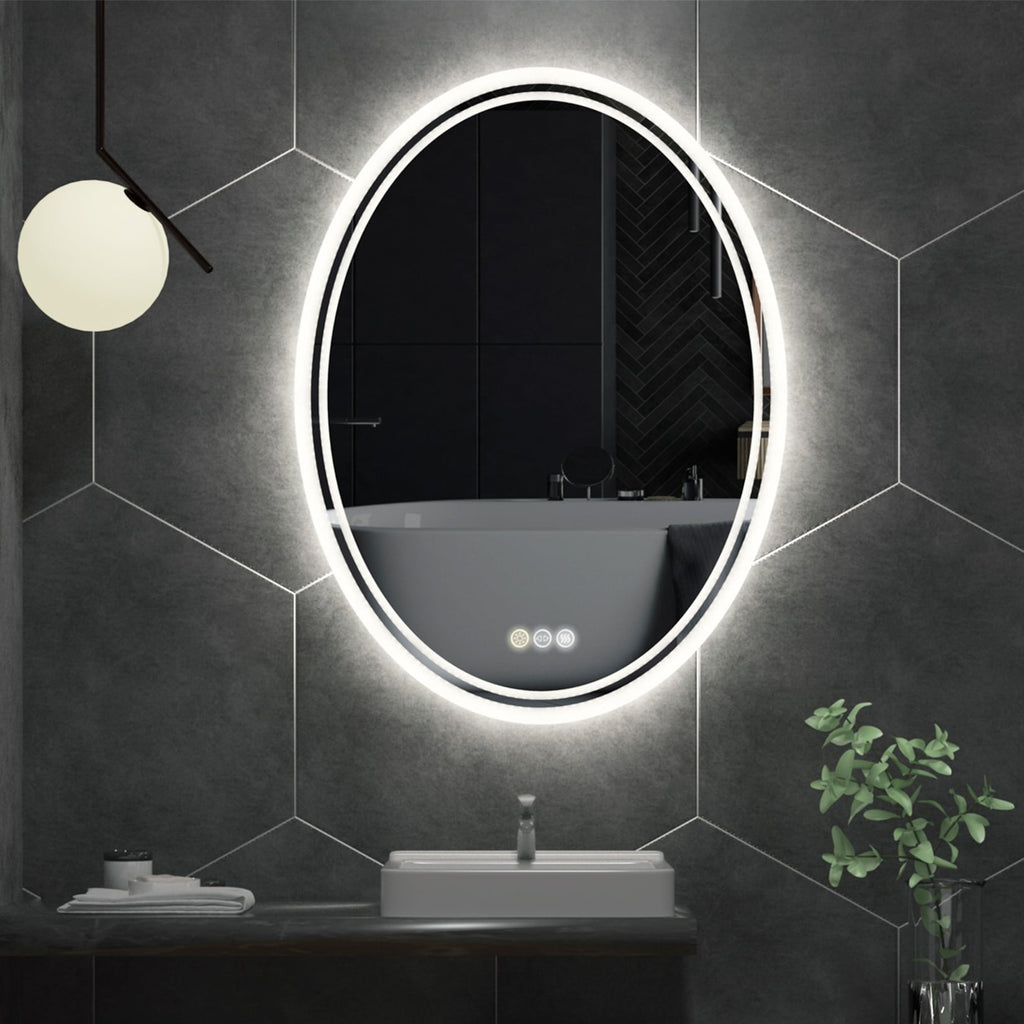Miroir de salle de bain mural antibuée ovale tactile rétroéclairé par LED