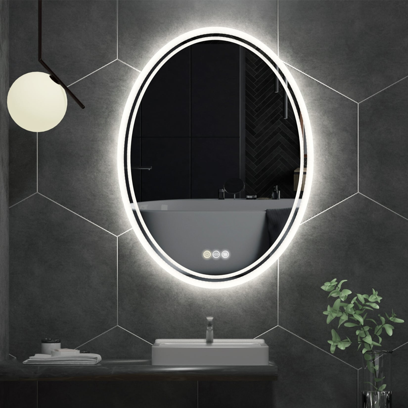 Miroir de salle de bain mural antibuée ovale tactile rétroéclairé par LED