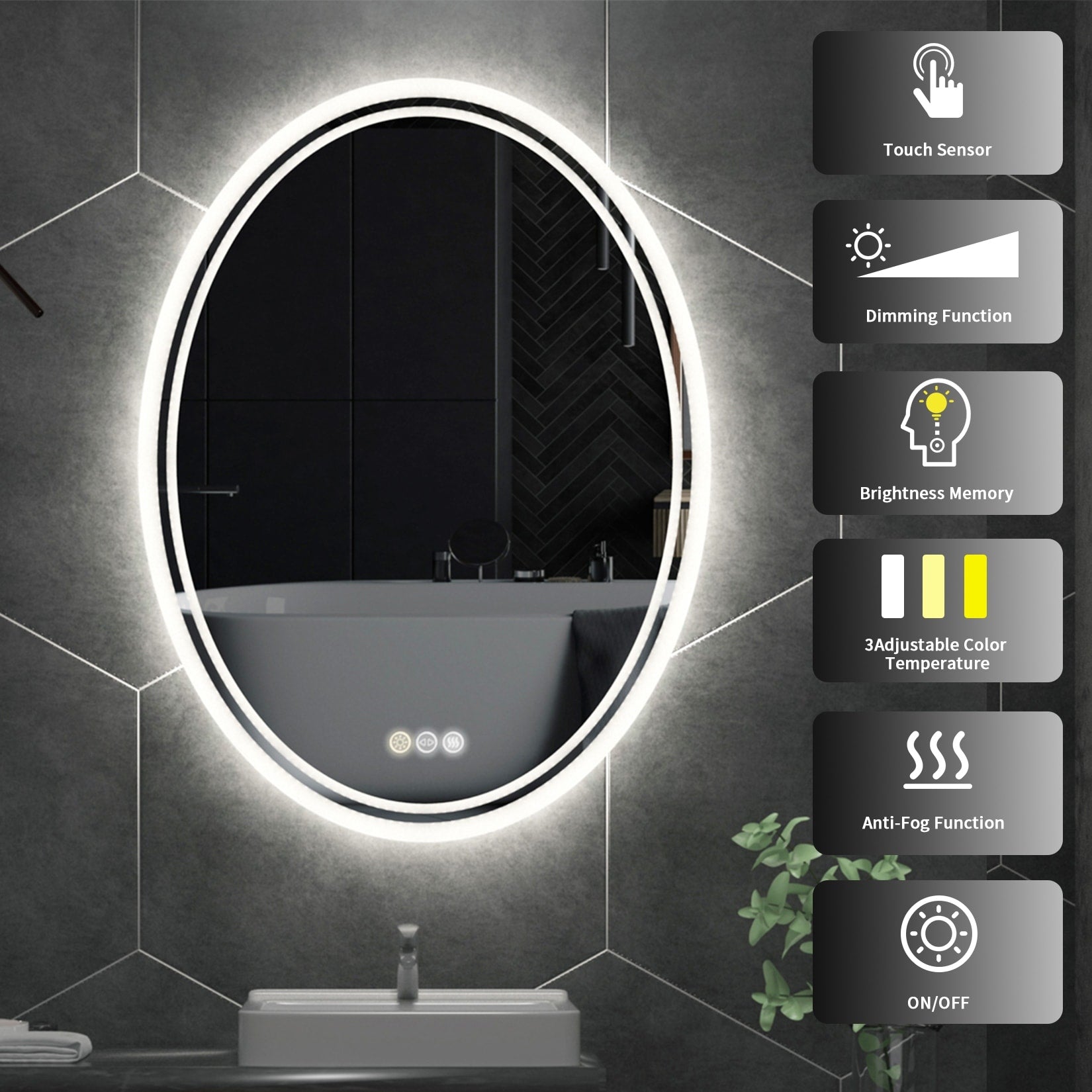 Miroir de salle de bain mural antibuée ovale tactile rétroéclairé par LED