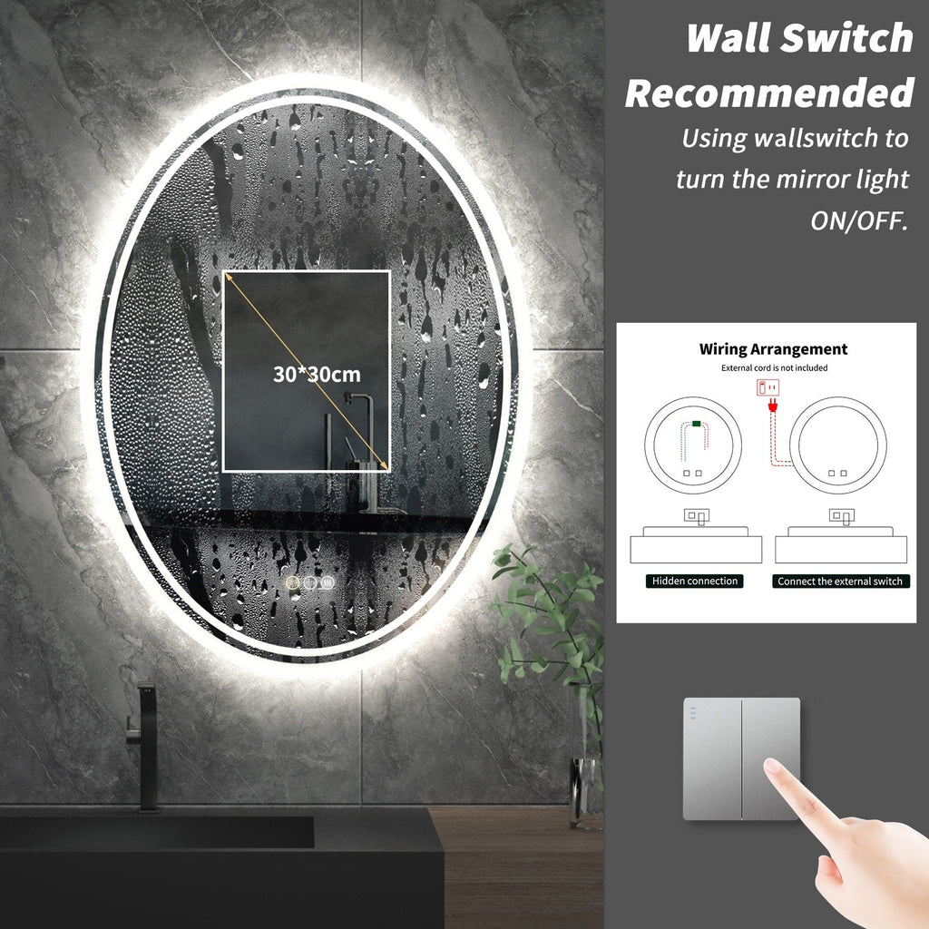 Miroir de salle de bain mural antibuée ovale tactile rétroéclairé par LED