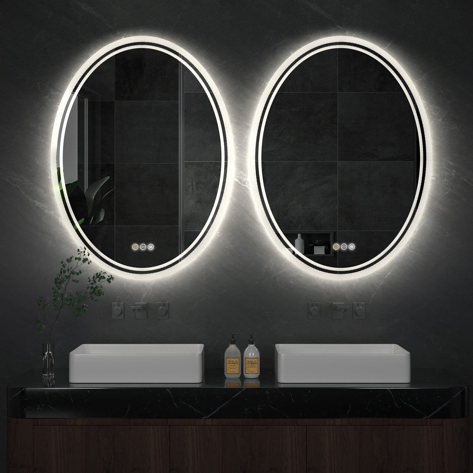 Miroir de salle de bain mural antibuée ovale tactile rétroéclairé par LED