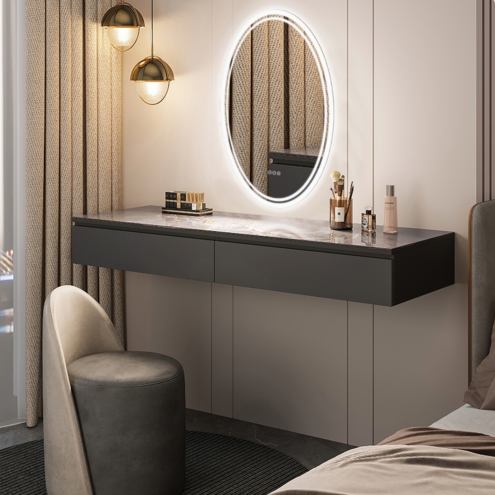 Miroir de salle de bain mural antibuée ovale tactile rétroéclairé par LED