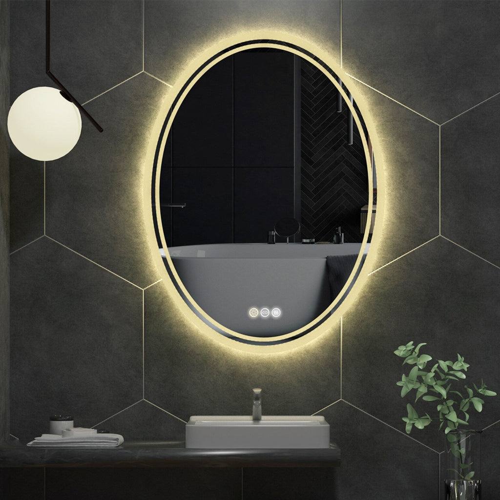 Miroir de salle de bain mural antibuée ovale tactile rétroéclairé par LED