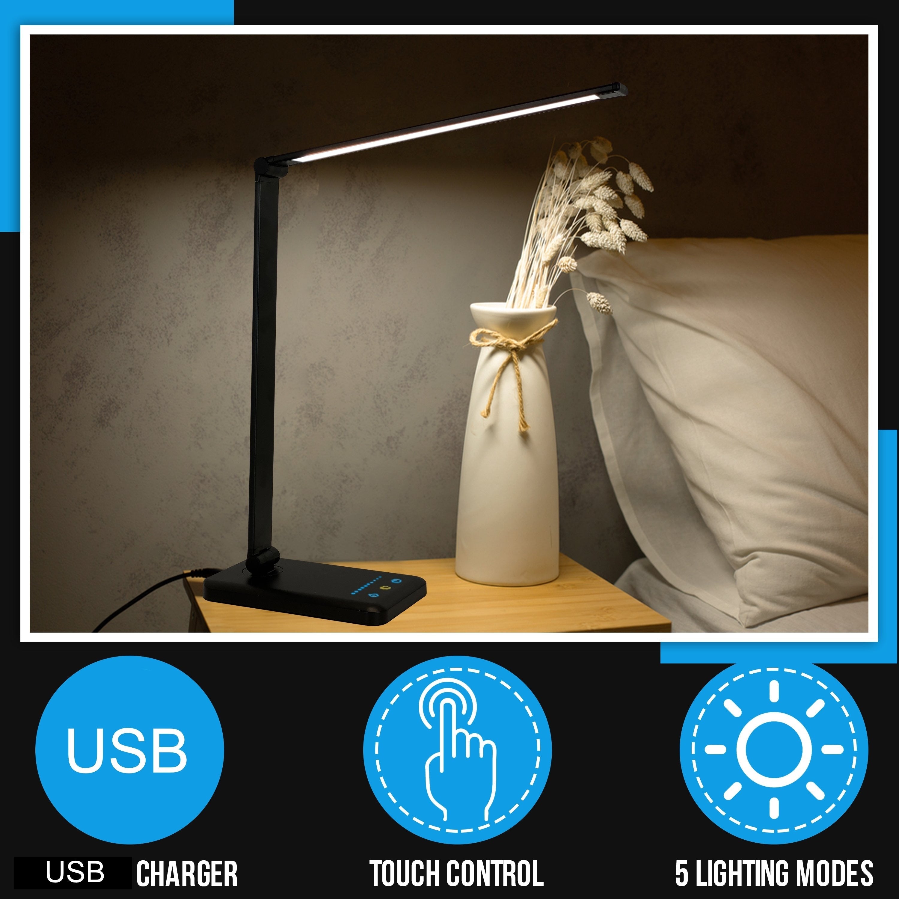 Lampe de bureau LED avec port de chargement USB, variateur de lumière tactile et température de couleur réglable automatiquement