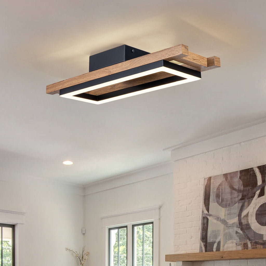 Plafonnier semi-encastré rectangulaire à LED intégré en bois pour couloir et hall d'entrée