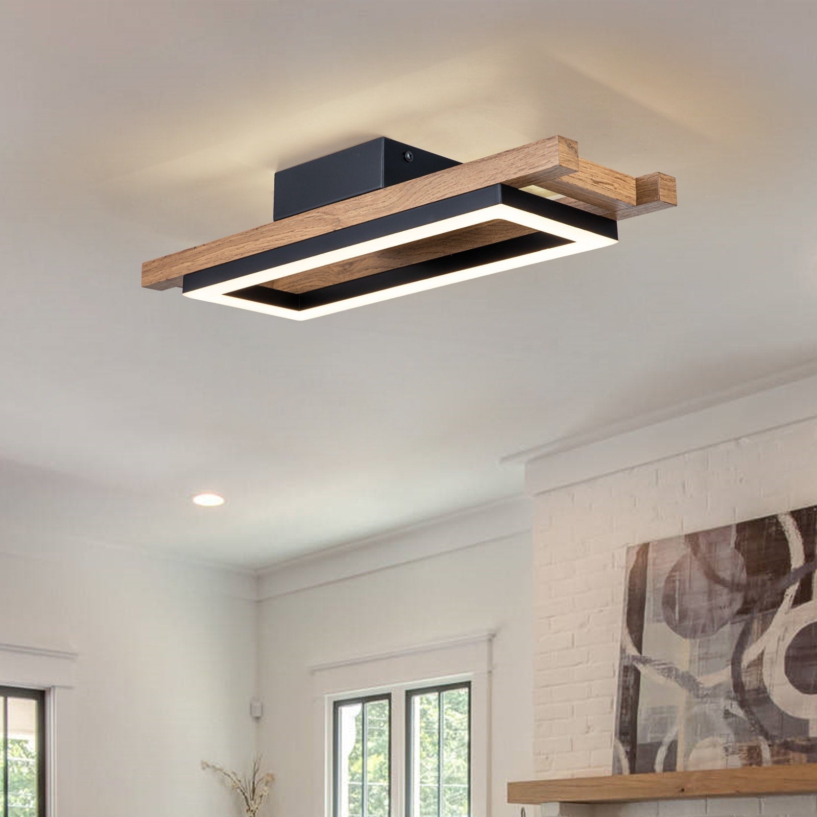 Plafonnier semi-encastré rectangulaire à LED intégré en bois pour couloir et hall d'entrée