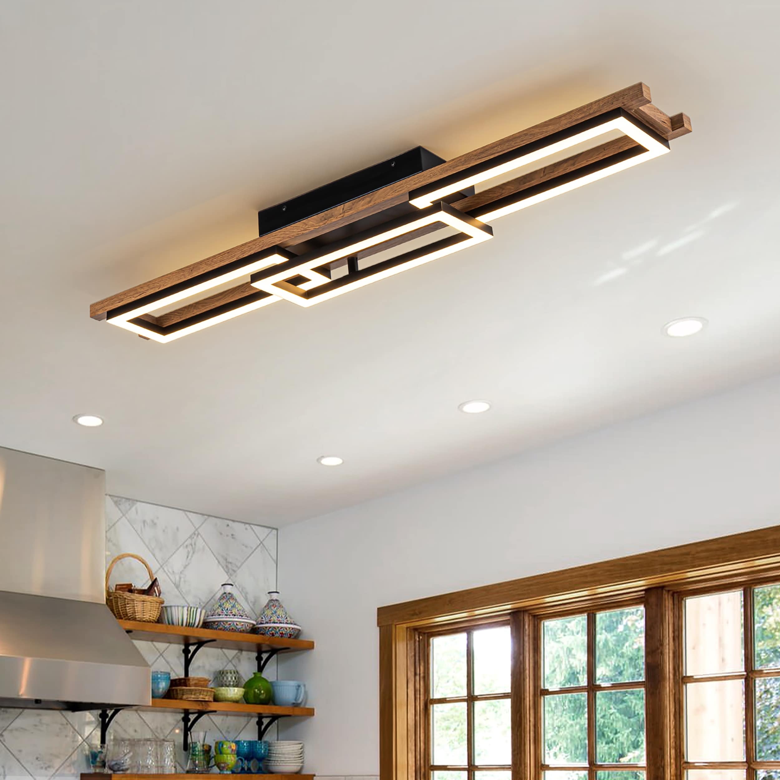 Plafonnier semi-encastré rectangulaire à LED intégré en bois pour couloir et hall d'entrée