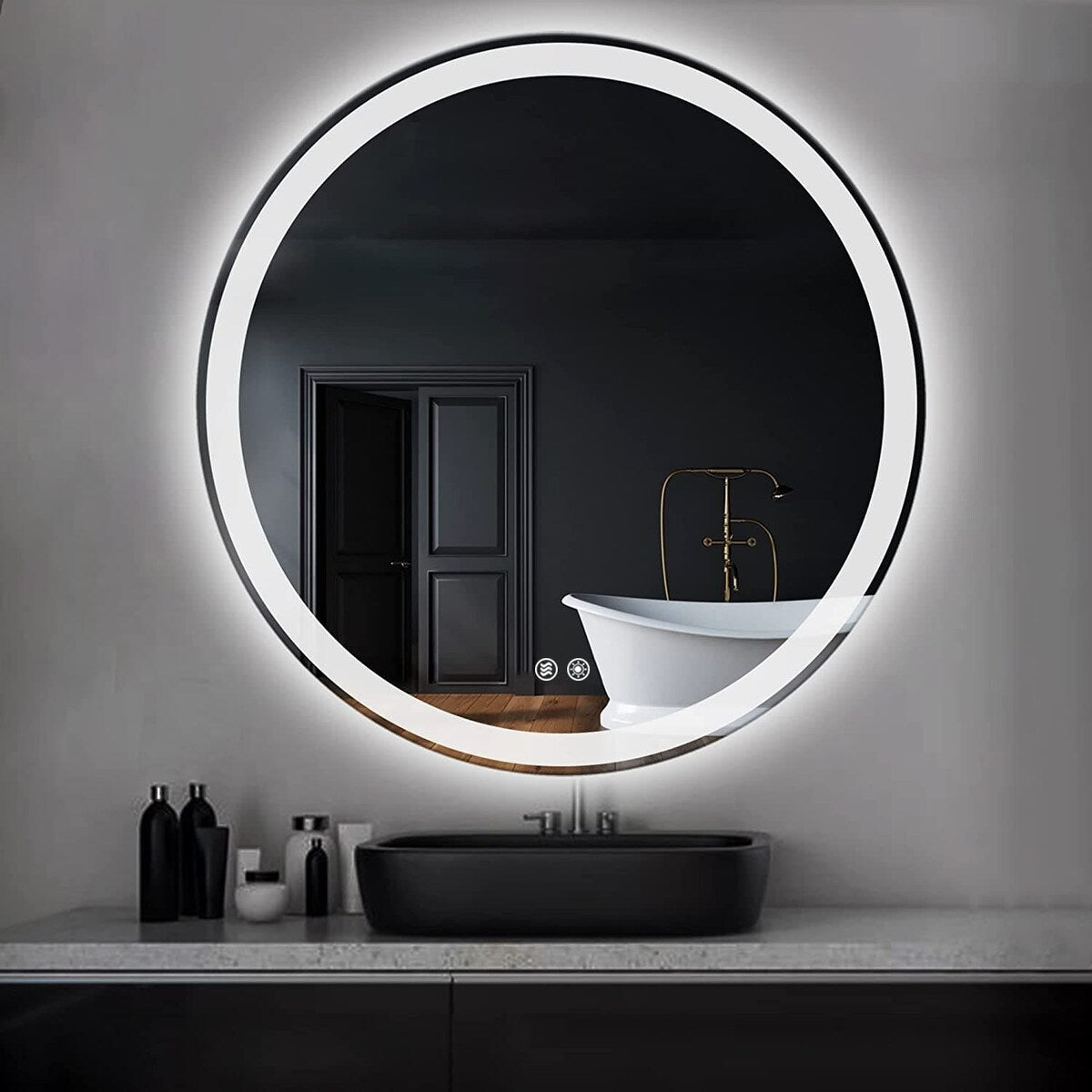 Miroir de courtoisie rond sans cadre, antibuée, éclairé par LED et à intensité variable