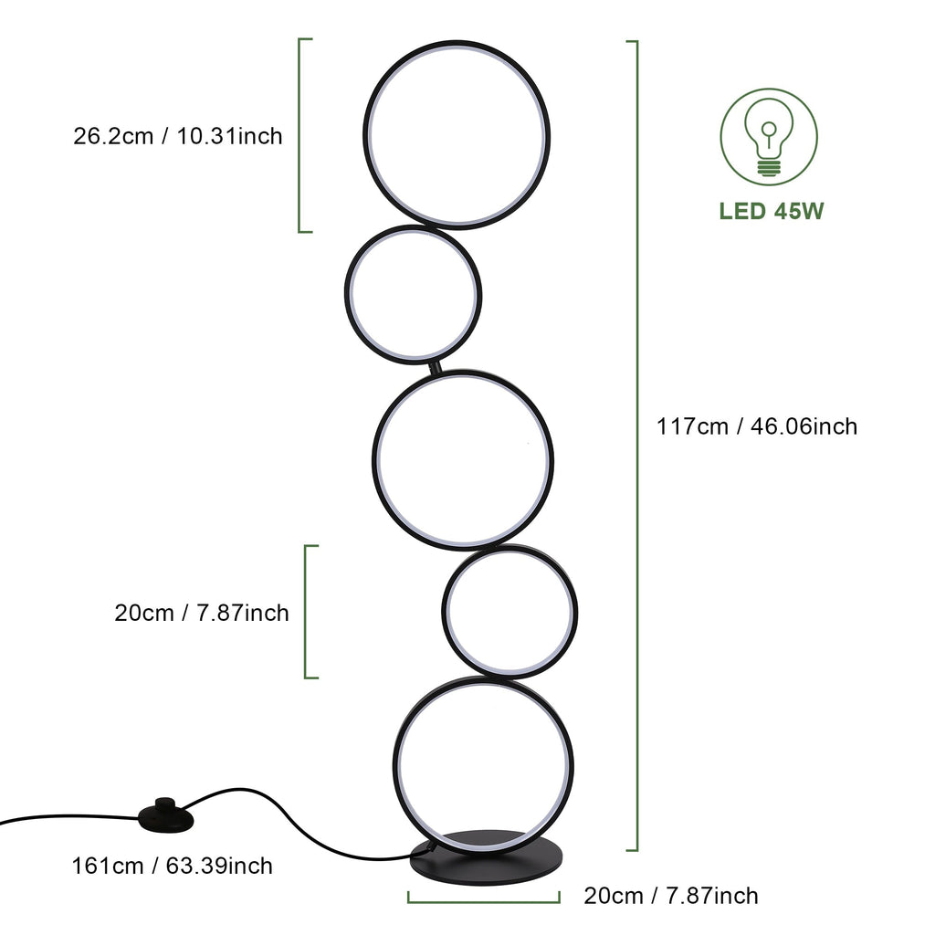 Lampadaire LED moderne à intensité variable, lampe d'angle lumineuse à 3 voies avec 5 anneaux pour salon