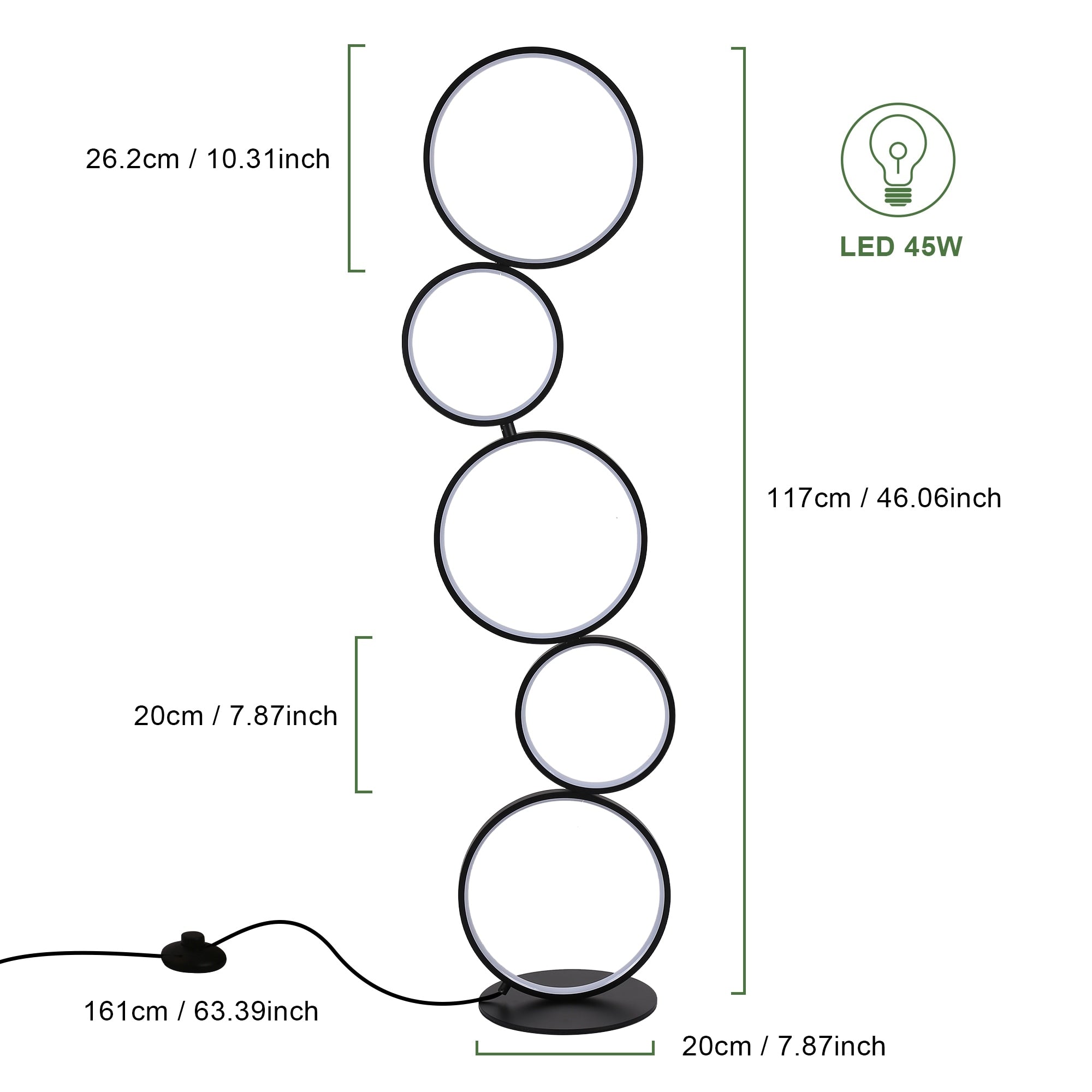 Lampadaire LED moderne à intensité variable, lampe d'angle lumineuse à 3 voies avec 5 anneaux pour salon