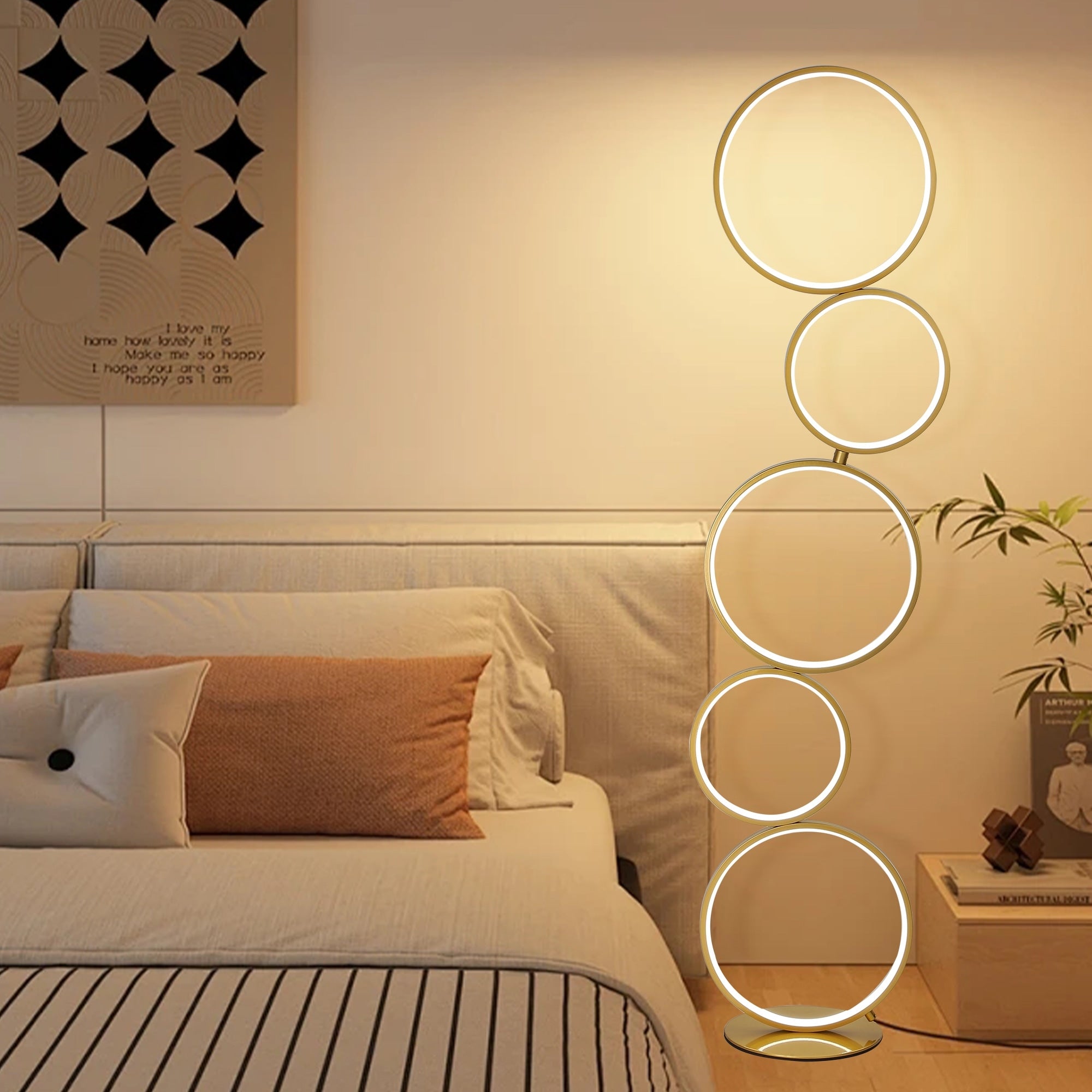 Lampadaire LED moderne à intensité variable, lampe d'angle lumineuse à 3 voies avec 5 anneaux pour salon