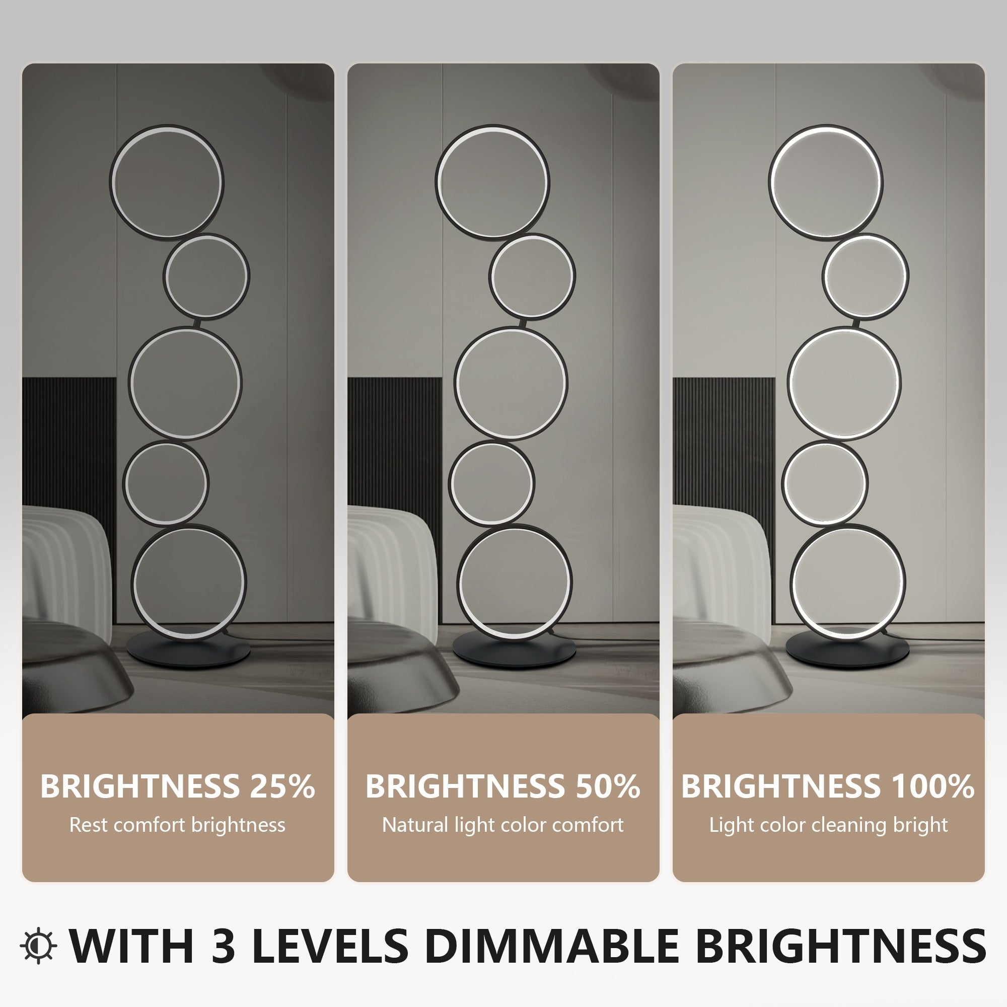 Lampadaire LED moderne à intensité variable, lampe d'angle lumineuse à 3 voies avec 5 anneaux pour salon