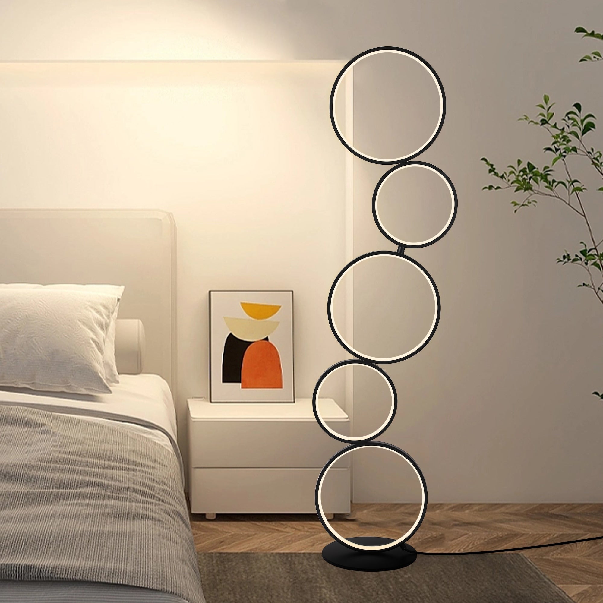Lampadaire LED moderne à intensité variable, lampe d'angle lumineuse à 3 voies avec 5 anneaux pour salon