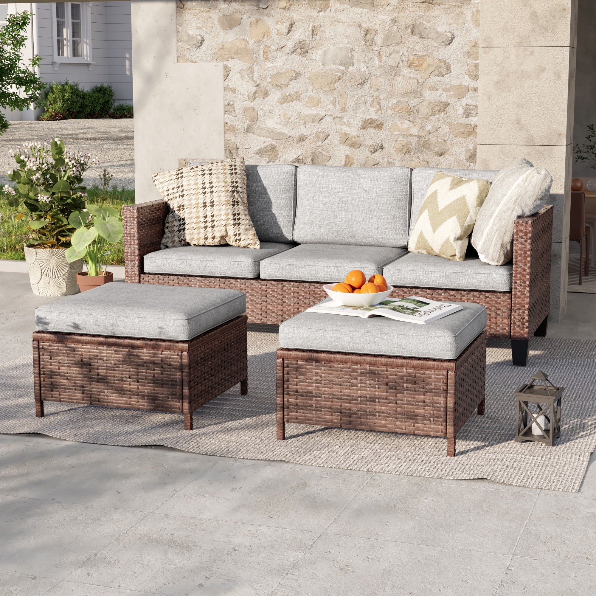 Ensemble de 3 canapés de patio en rotin marron Livoosun