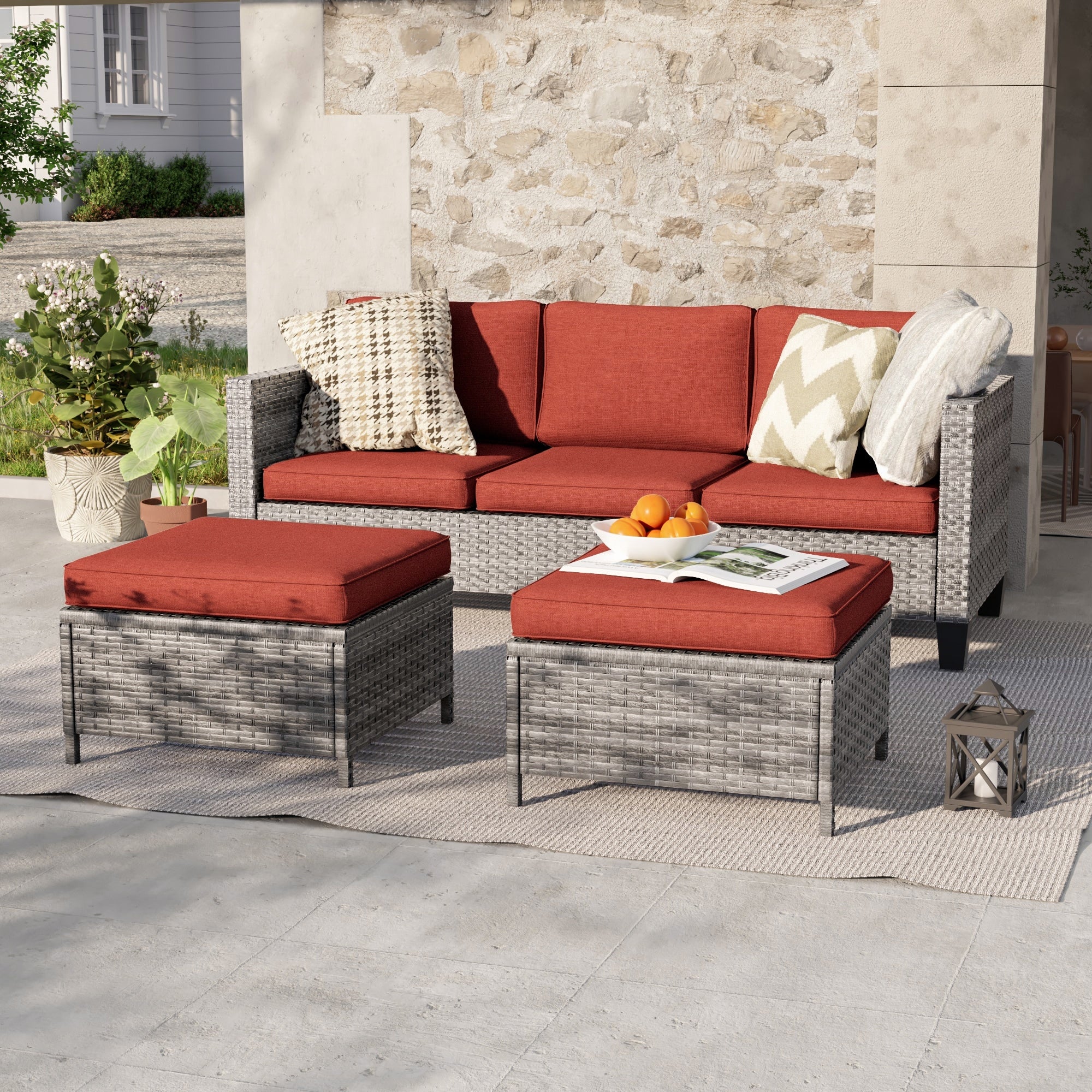 Ensemble de 3 canapés de patio en rotin marron Livoosun