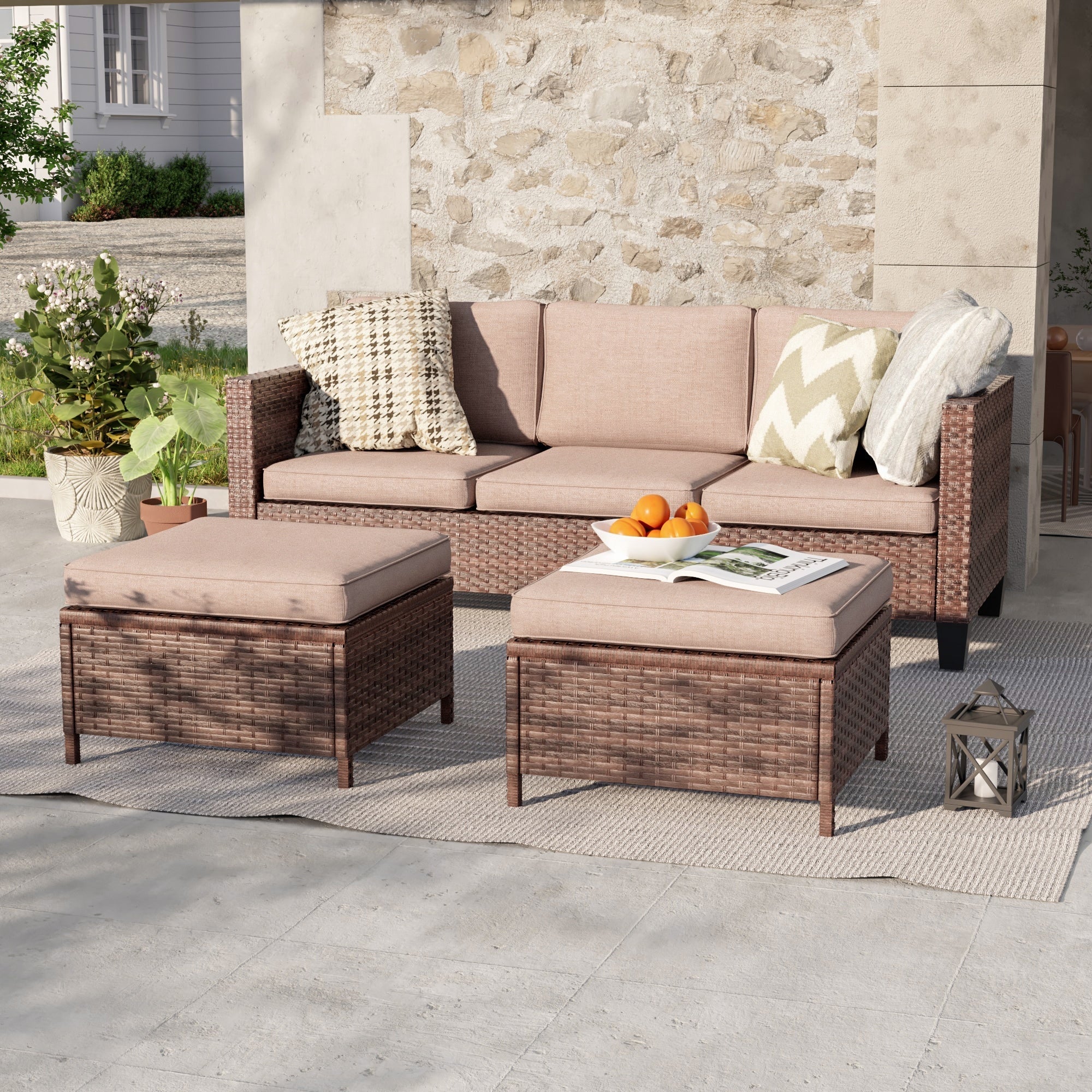 Ensemble de 3 canapés de patio en rotin marron Livoosun