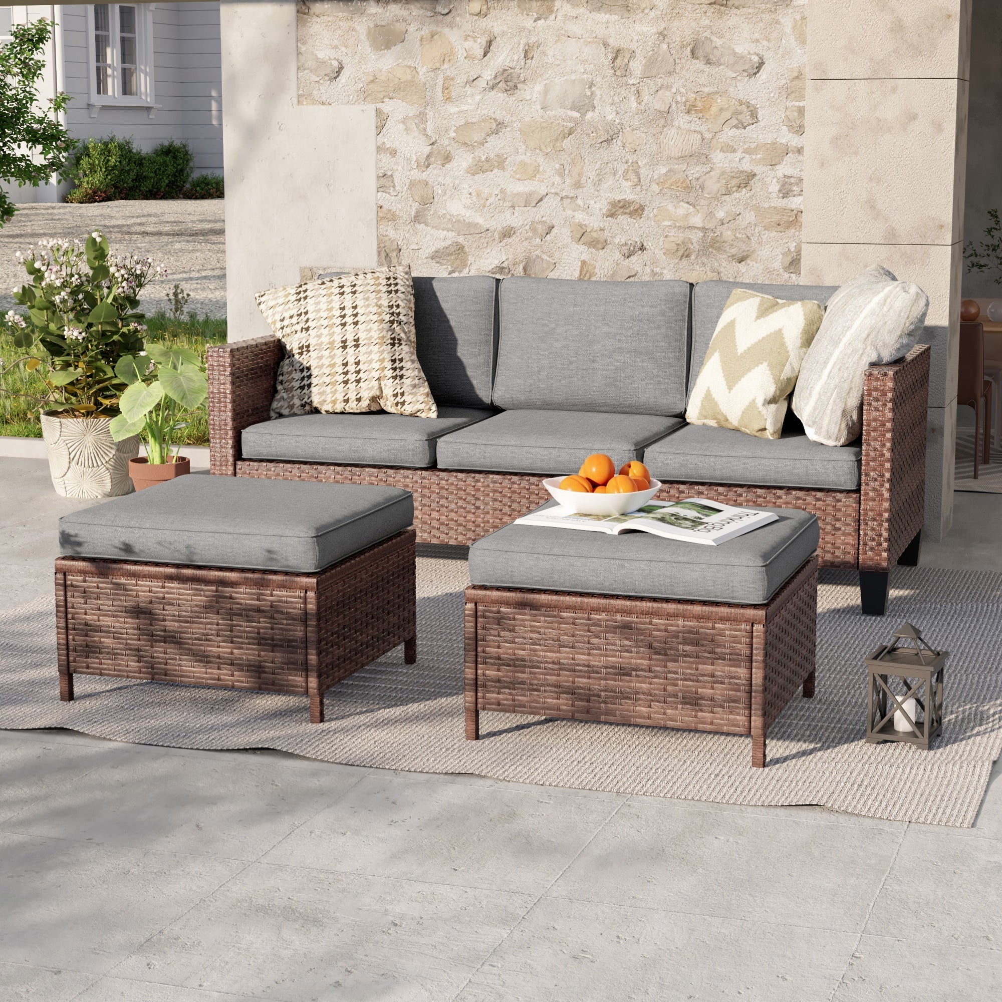 Ensemble de 3 canapés de patio en rotin marron Livoosun