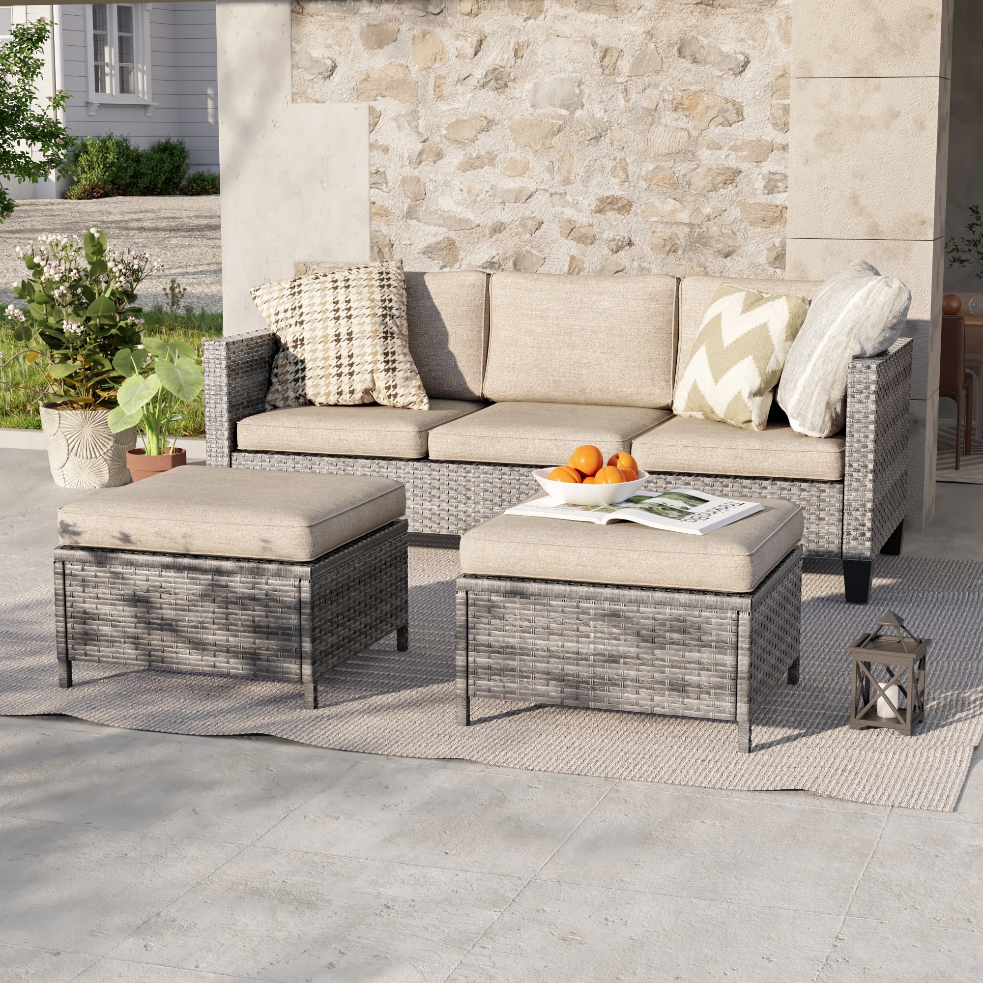 Ensemble de 3 canapés de patio en rotin marron Livoosun