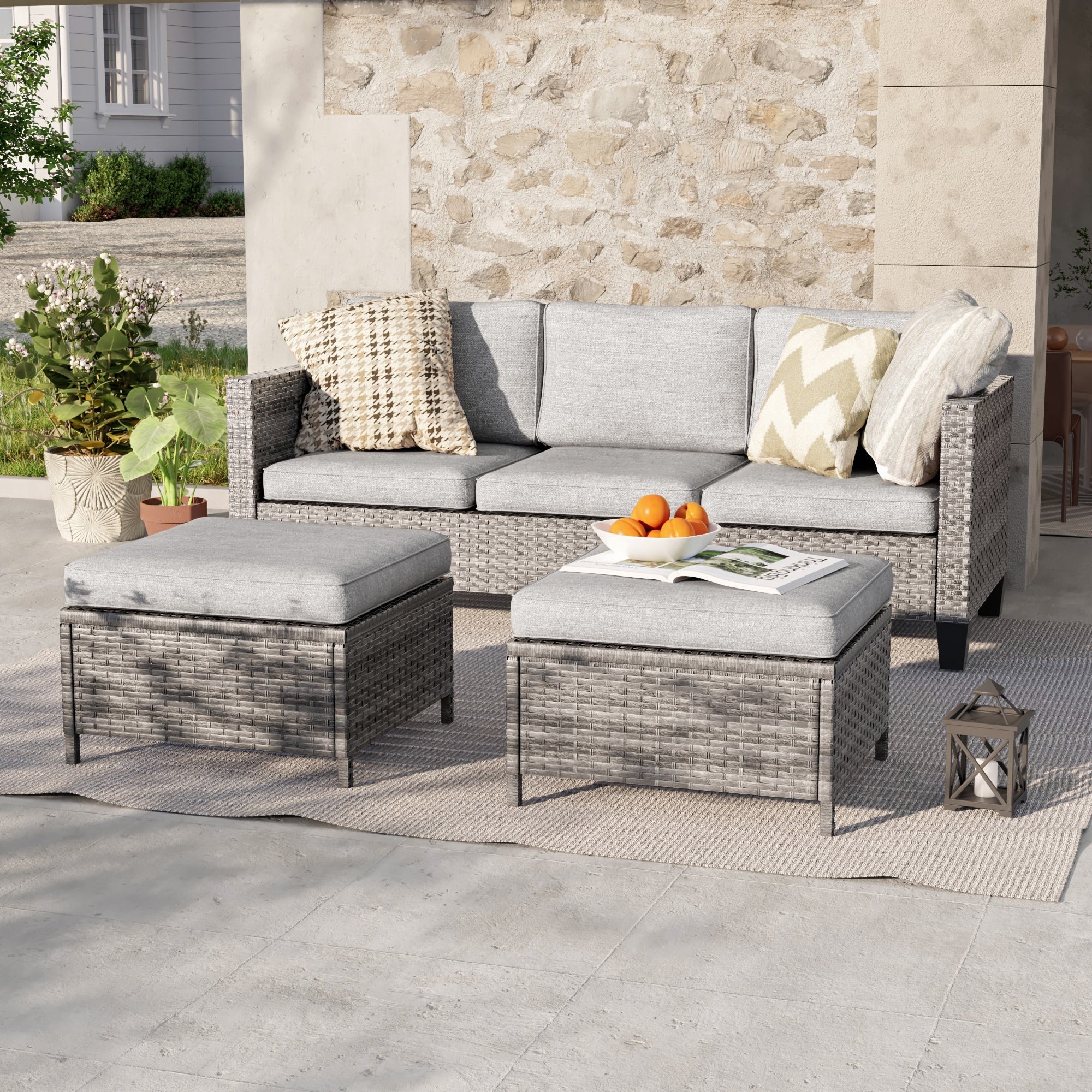 Ensemble de 3 canapés de patio en rotin marron Livoosun