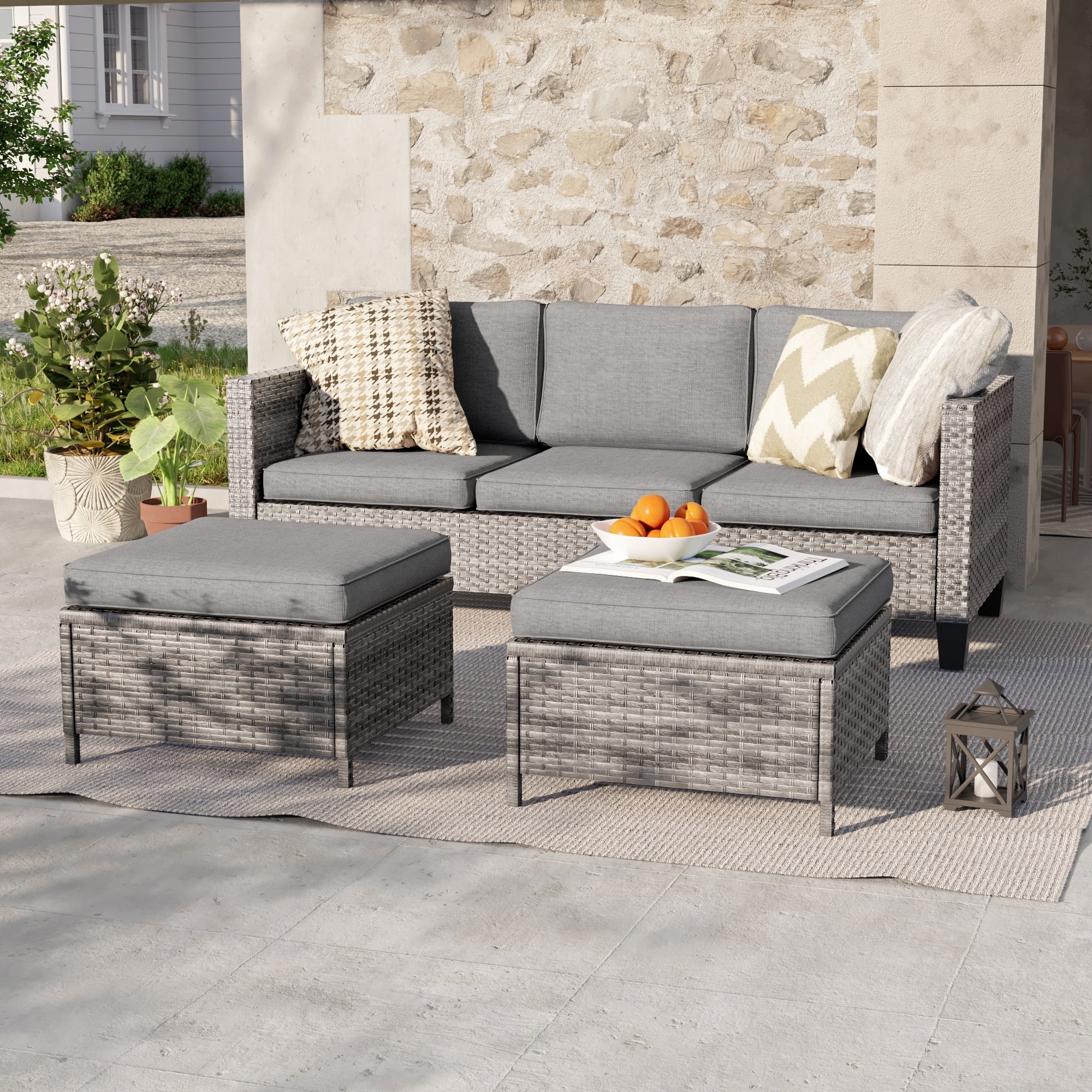 Ensemble de 3 canapés de patio en rotin marron Livoosun
