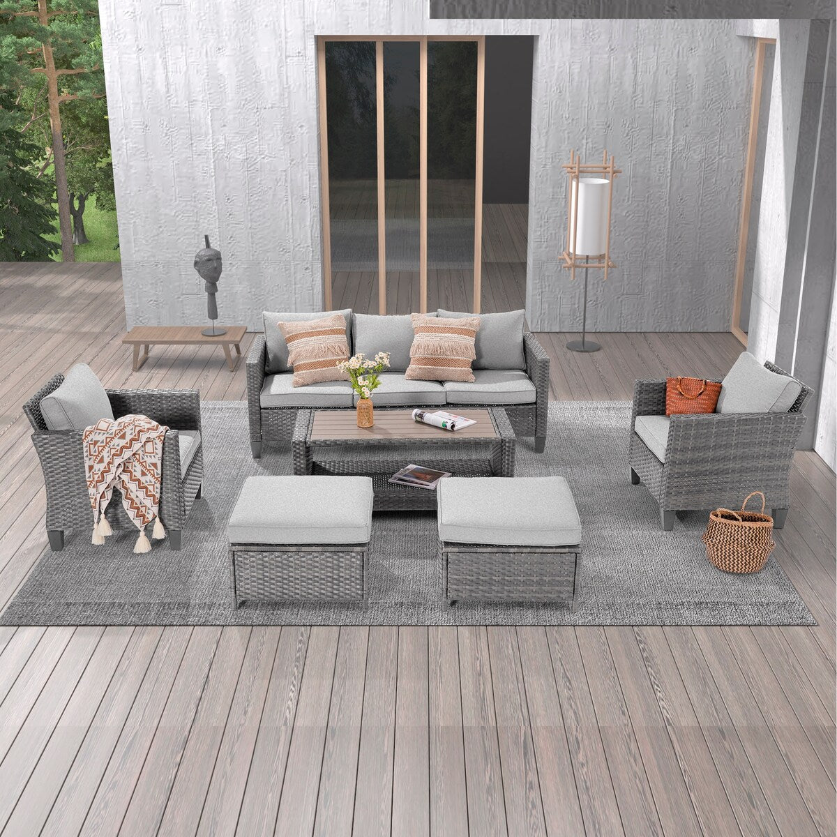 Ensemble de 6 canapés d'extérieur en rotin gris LIVOOSUN avec table basse