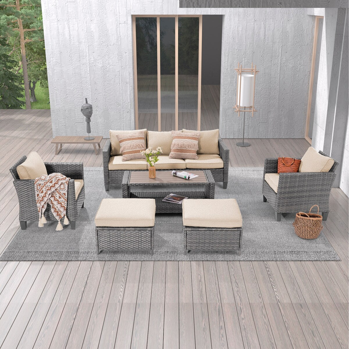 Ensemble de 6 canapés d'extérieur en rotin gris LIVOOSUN avec table basse
