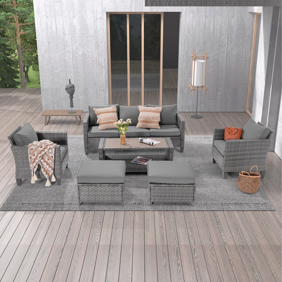 Ensemble de 6 canapés d'extérieur en rotin gris LIVOOSUN avec table basse