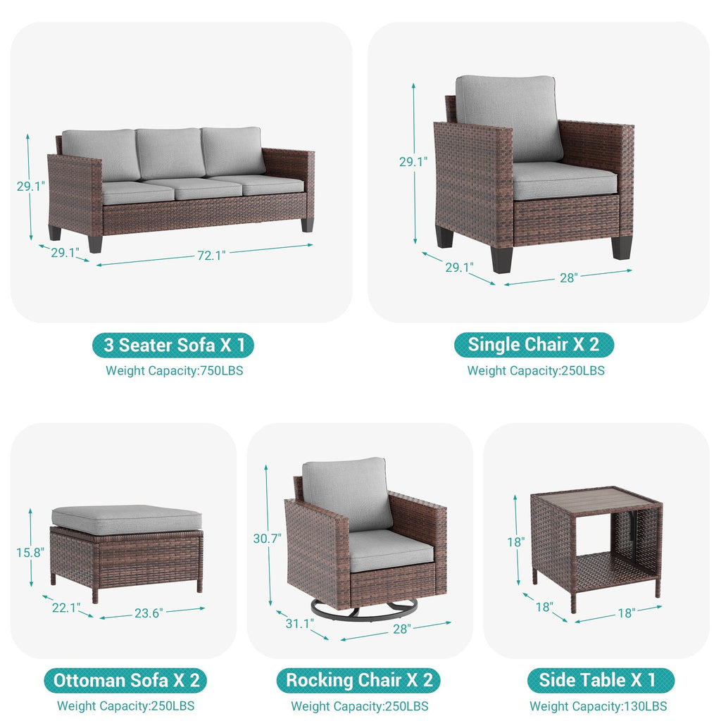 Ensemble de 8 fauteuils à bascule pivotants et sectionnels en osier marron LIVOOSUN