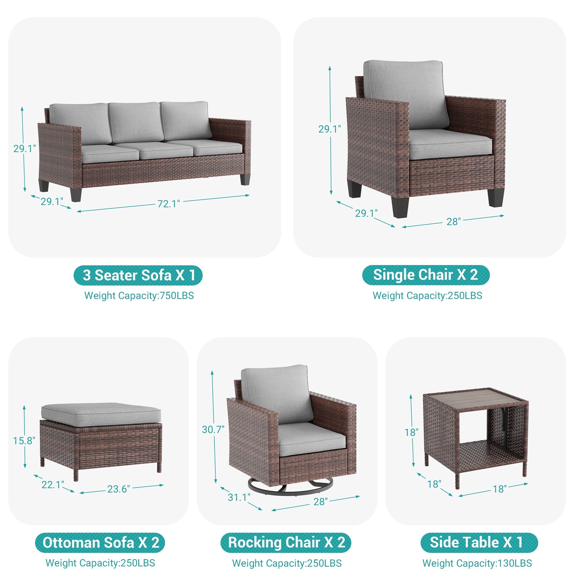 Ensemble de 8 fauteuils à bascule pivotants et sectionnels en osier marron LIVOOSUN