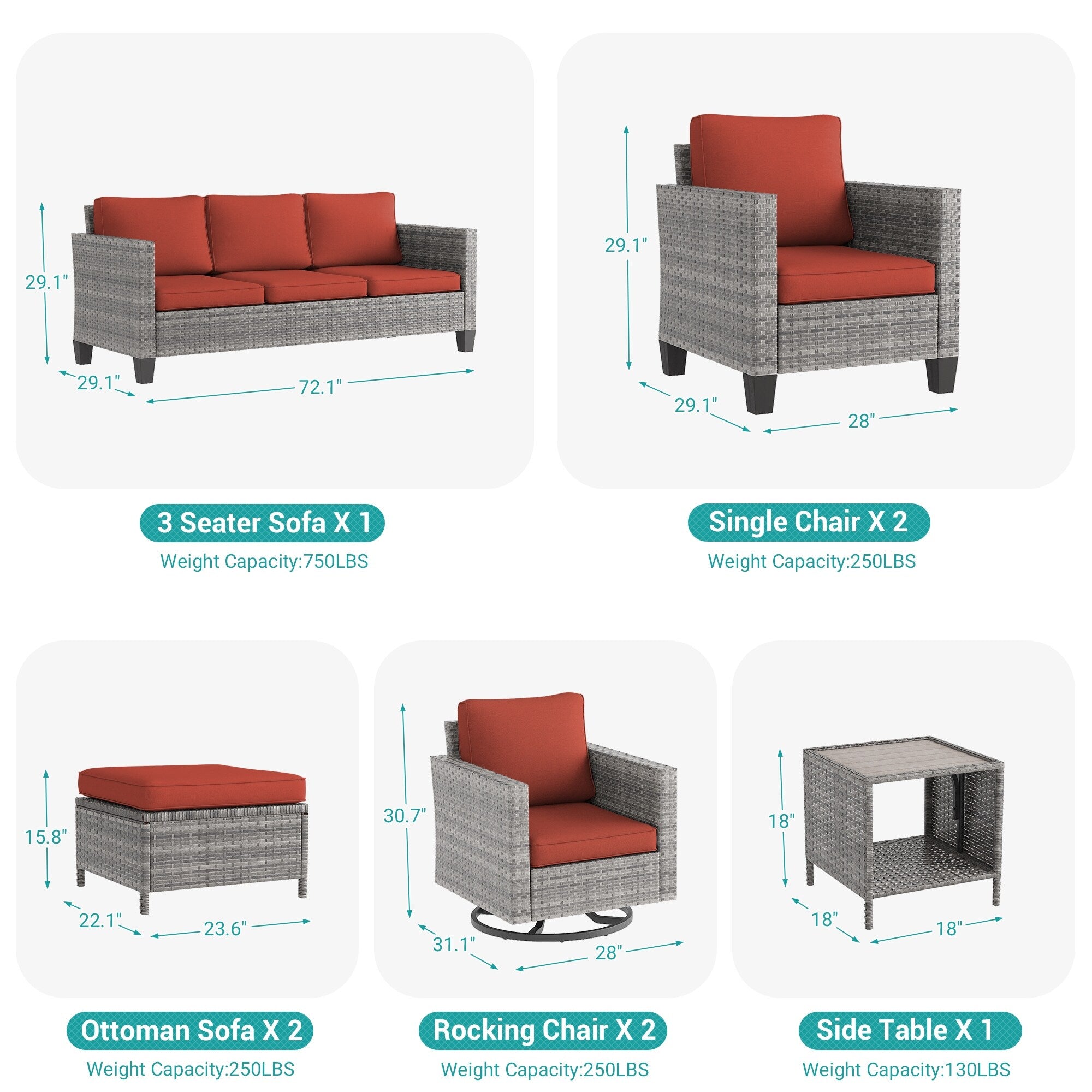 Ensemble de 8 fauteuils à bascule pivotants et sectionnels en osier marron LIVOOSUN
