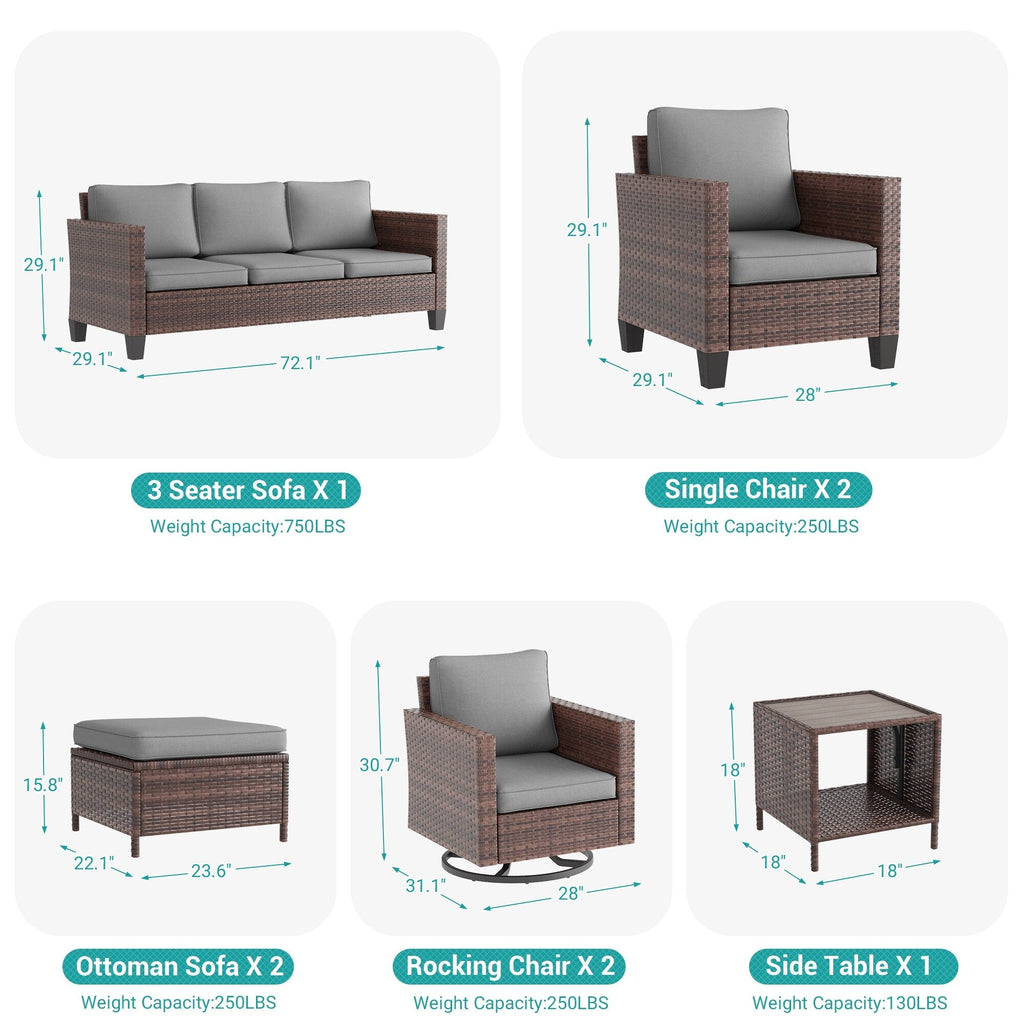 Ensemble de 8 fauteuils à bascule pivotants et sectionnels en osier marron LIVOOSUN