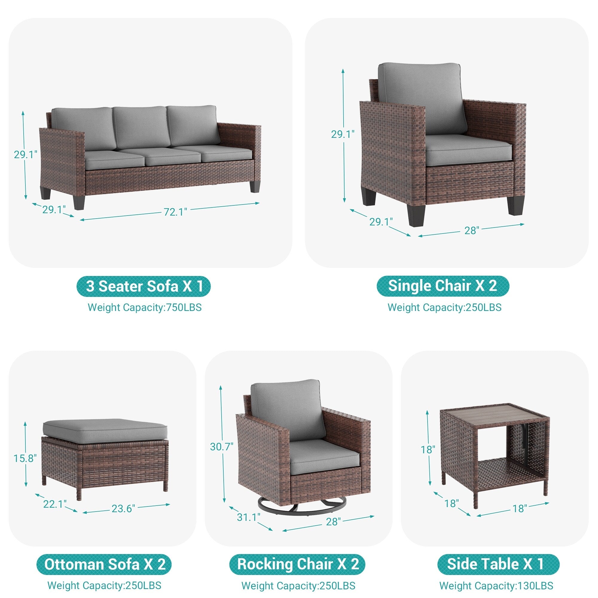 Ensemble de 8 fauteuils à bascule pivotants et sectionnels en osier marron LIVOOSUN