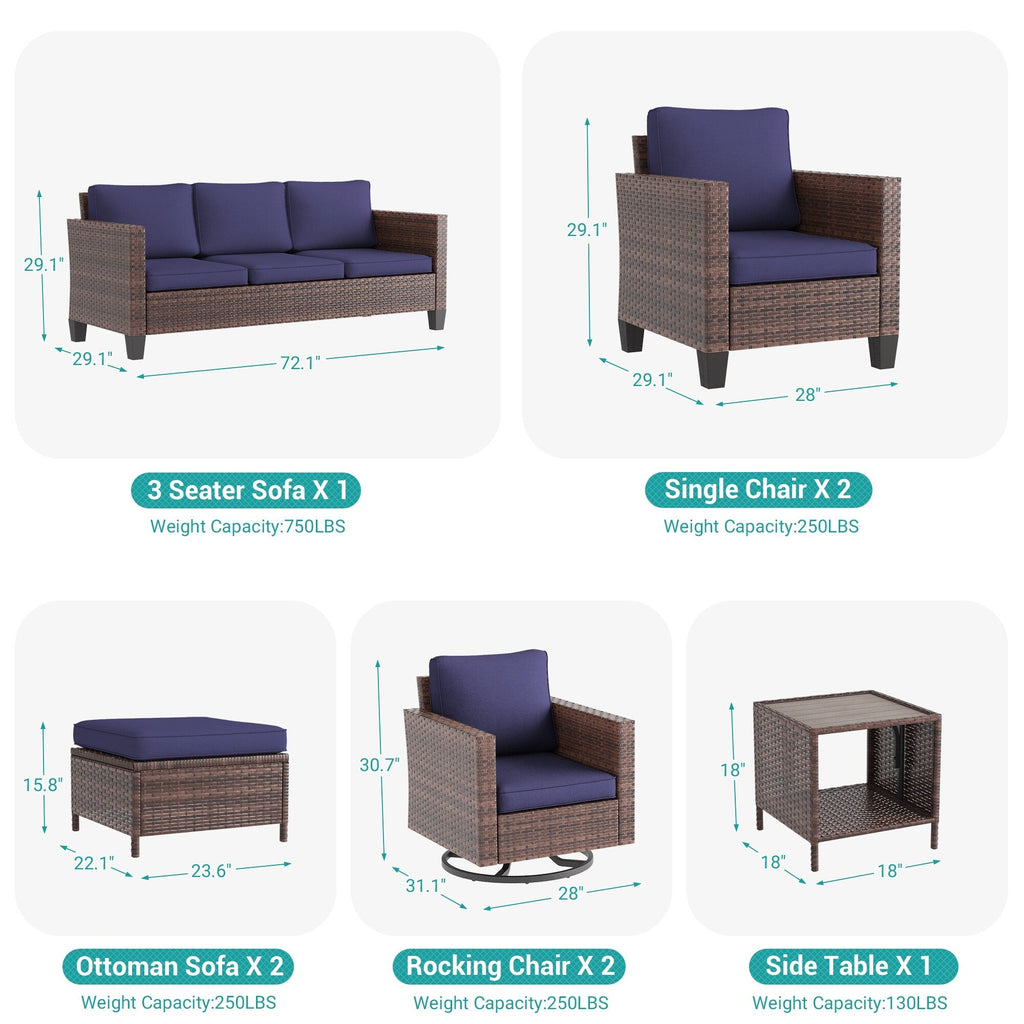 Ensemble de 8 fauteuils à bascule pivotants et sectionnels en osier marron LIVOOSUN
