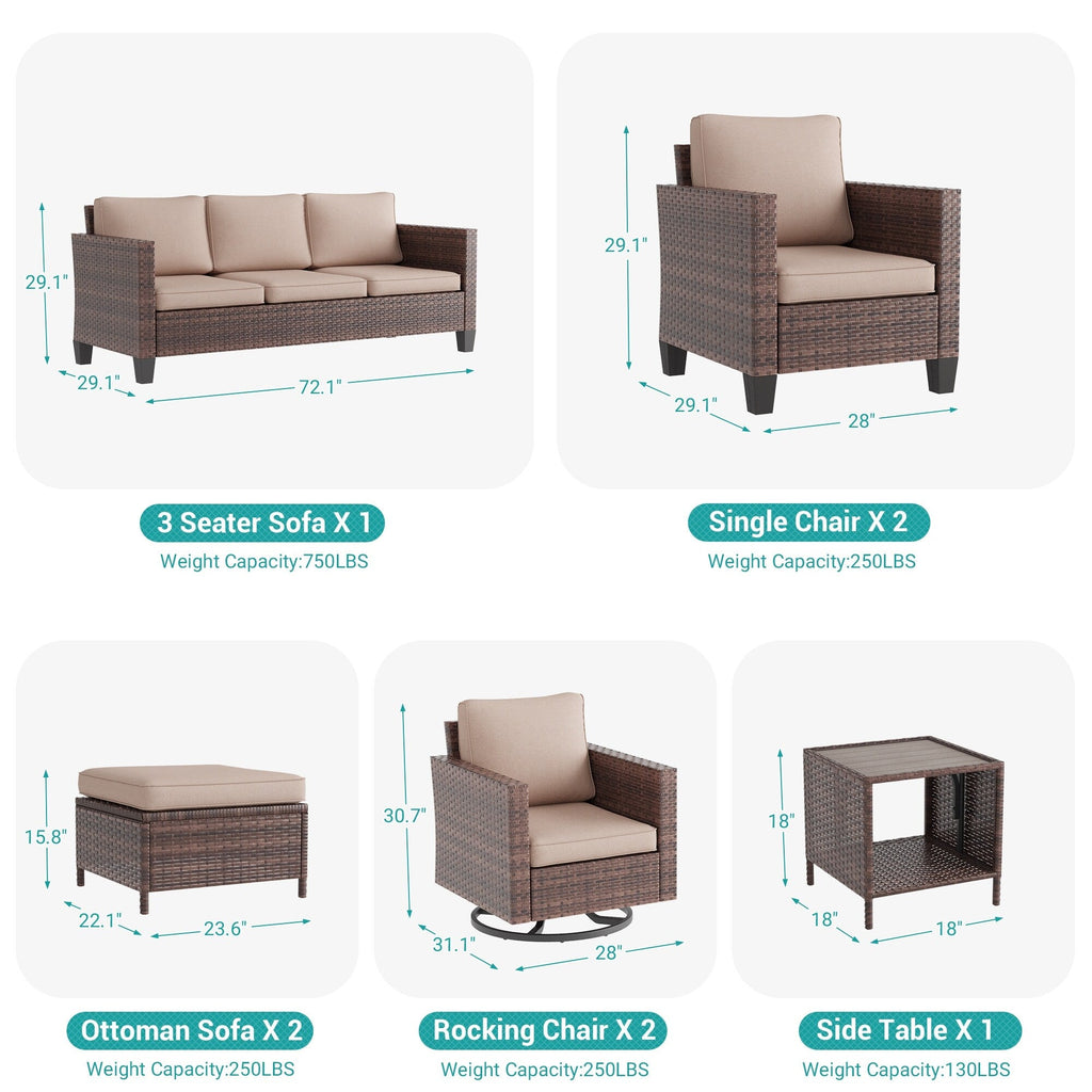 Ensemble de 8 fauteuils à bascule pivotants et sectionnels en osier marron LIVOOSUN