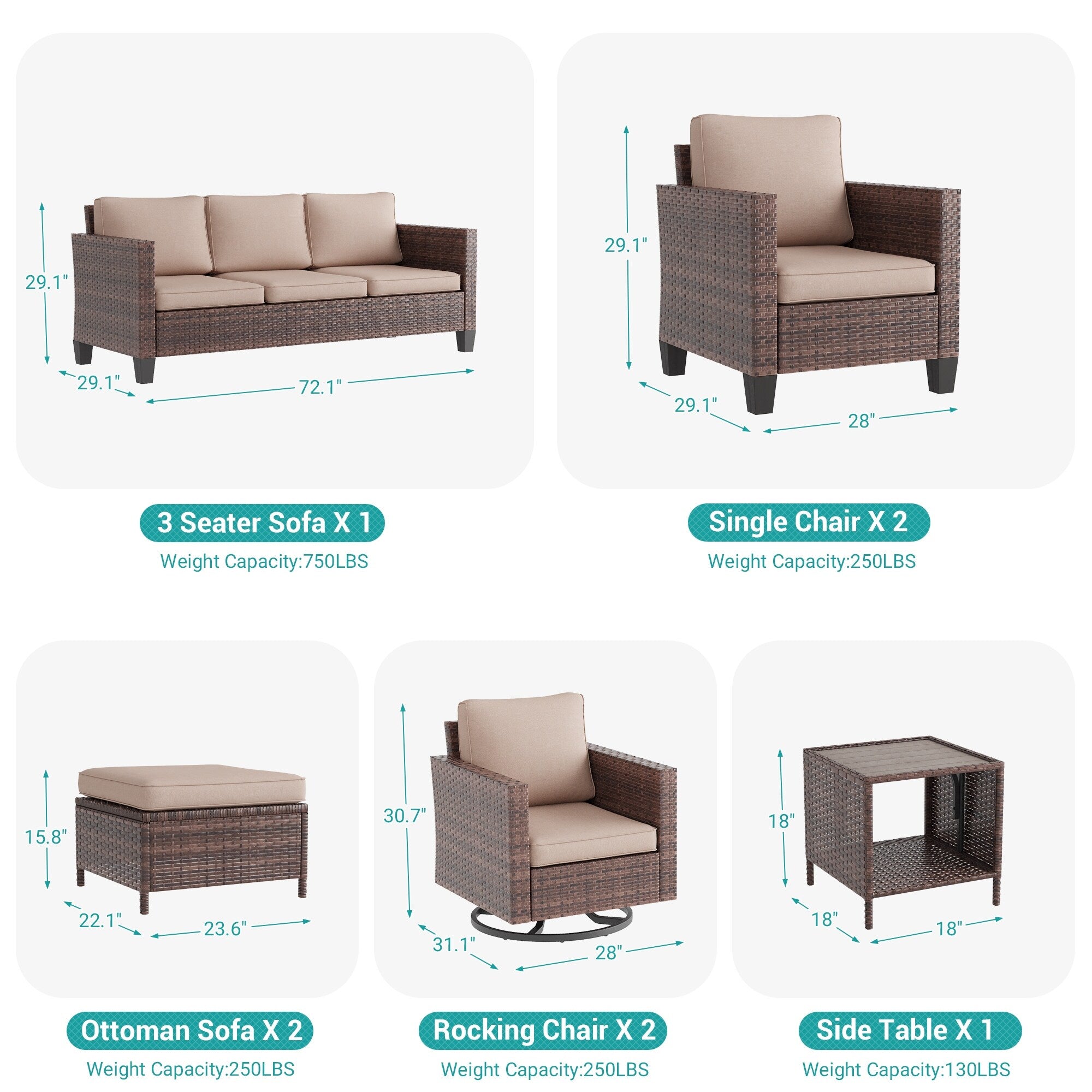 Ensemble de 8 fauteuils à bascule pivotants et sectionnels en osier marron LIVOOSUN
