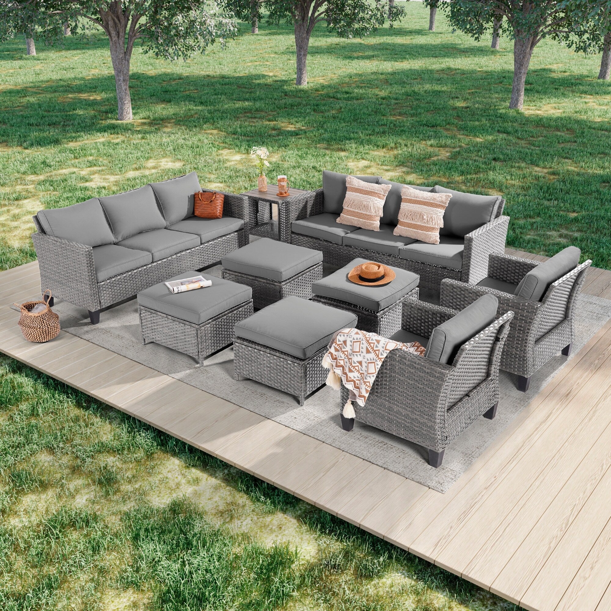Ensemble de 9 canapés de jardin LIVOOSUN en osier PE gris, meubles d'extérieur, poufs et table