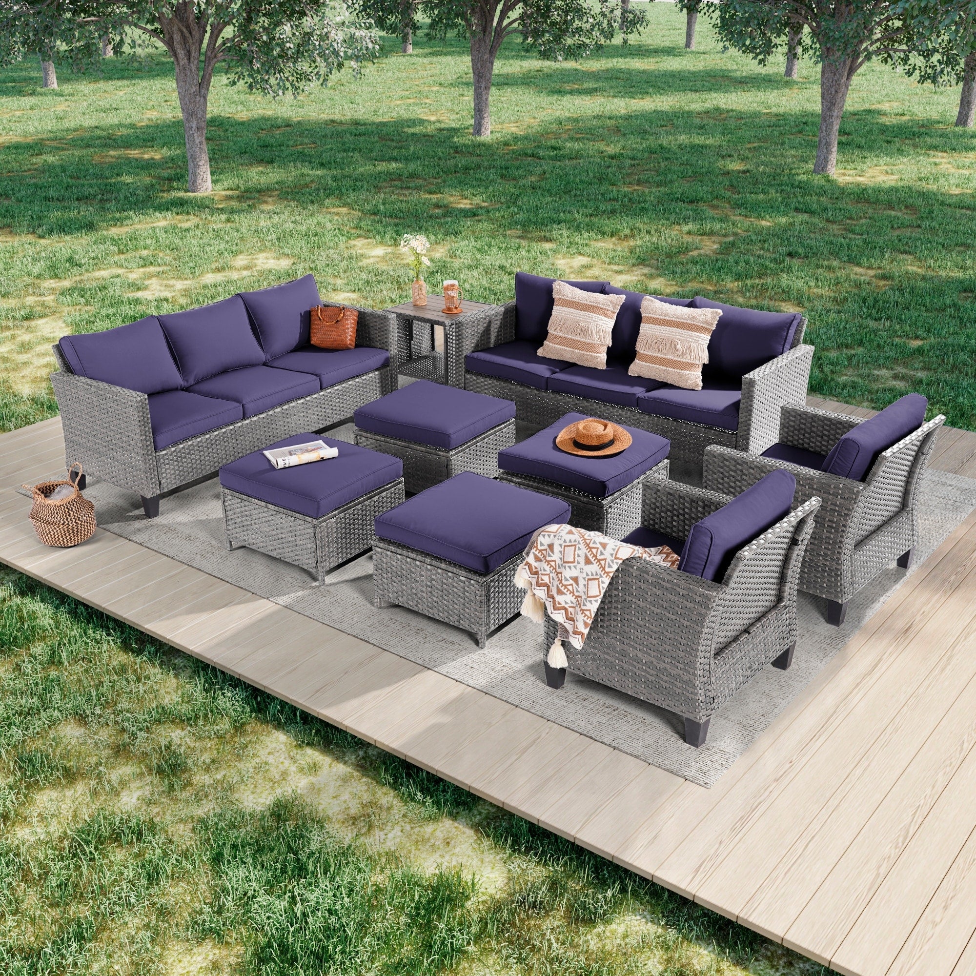 Ensemble de 9 canapés de jardin LIVOOSUN en osier PE gris, meubles d'extérieur, poufs et table