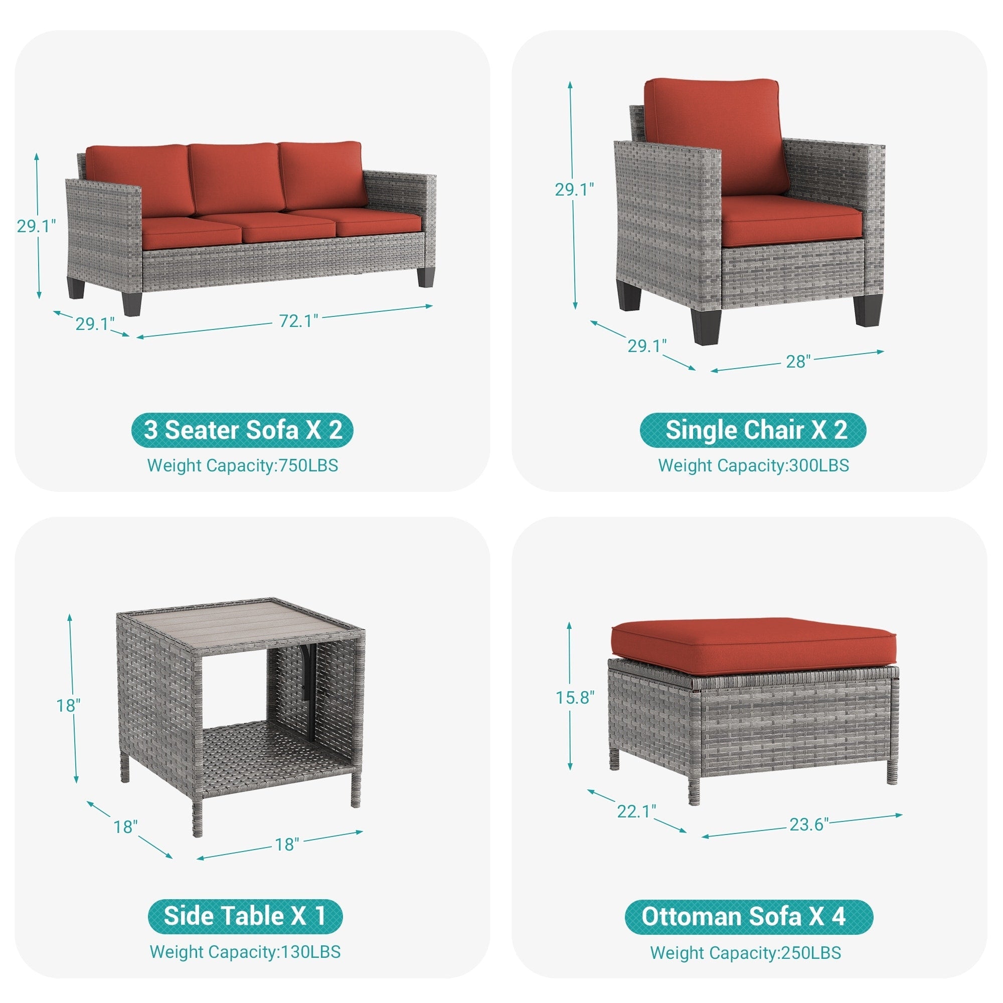 Ensemble de 9 canapés de jardin LIVOOSUN en osier PE gris, meubles d'extérieur, poufs et table