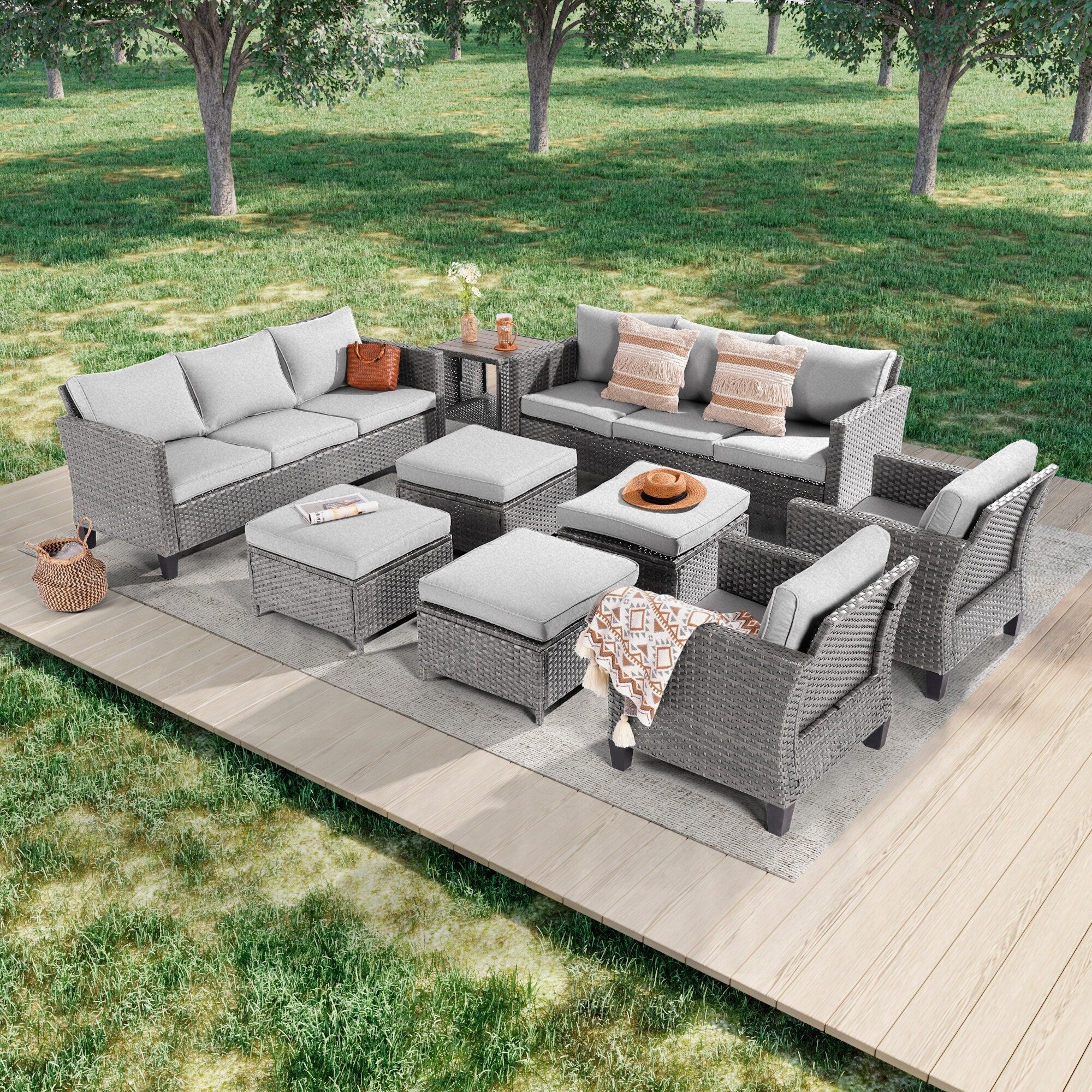 Ensemble de 9 canapés de jardin LIVOOSUN en osier PE gris, meubles d'extérieur, poufs et table