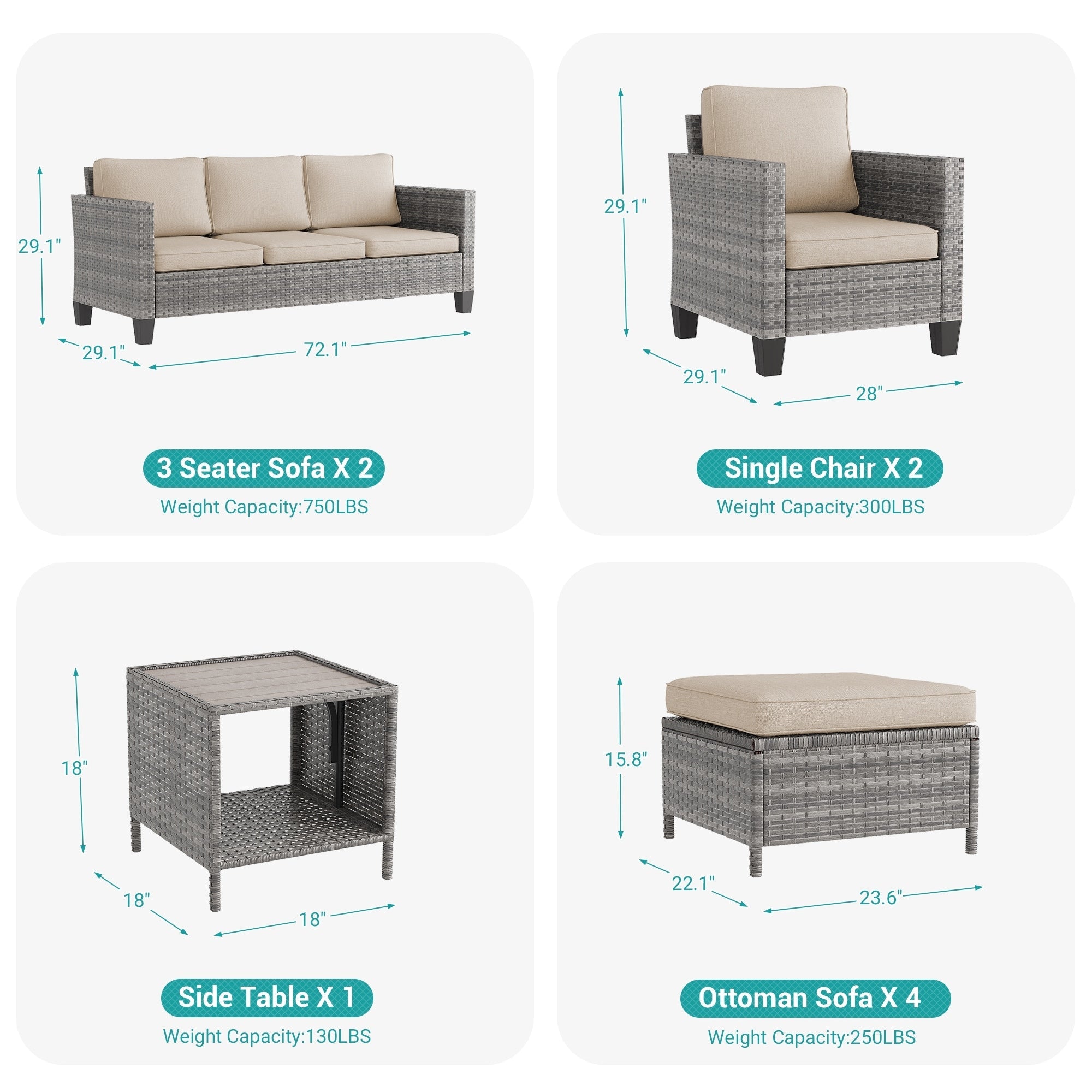 Ensemble de 9 canapés de jardin LIVOOSUN en osier PE gris, meubles d'extérieur, poufs et table